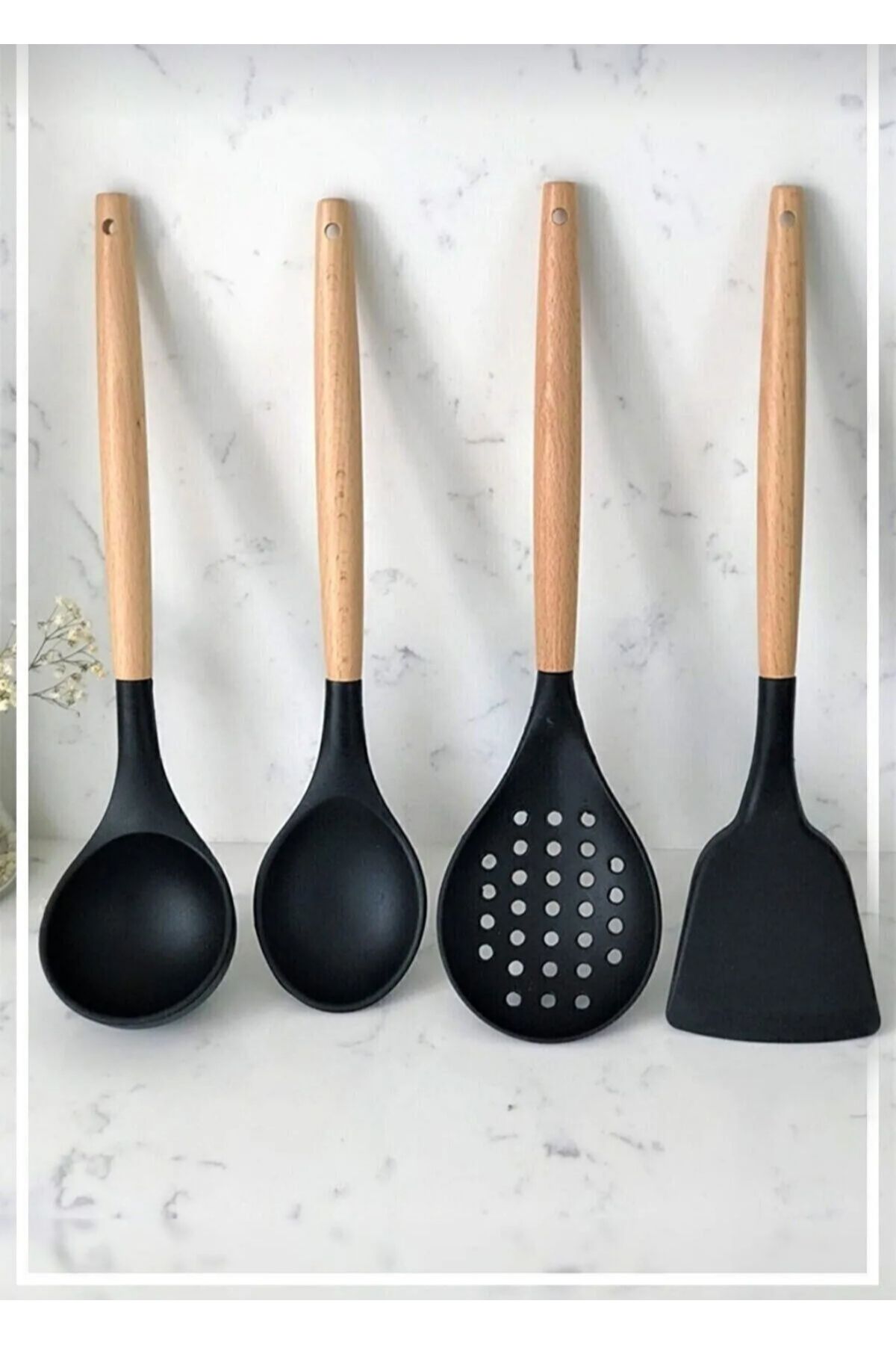 ZeDesign Silikon Bambu Saplı 4 Parça Mutfak Servis Seti (kepçe-kaşık-kevgir-spatula)