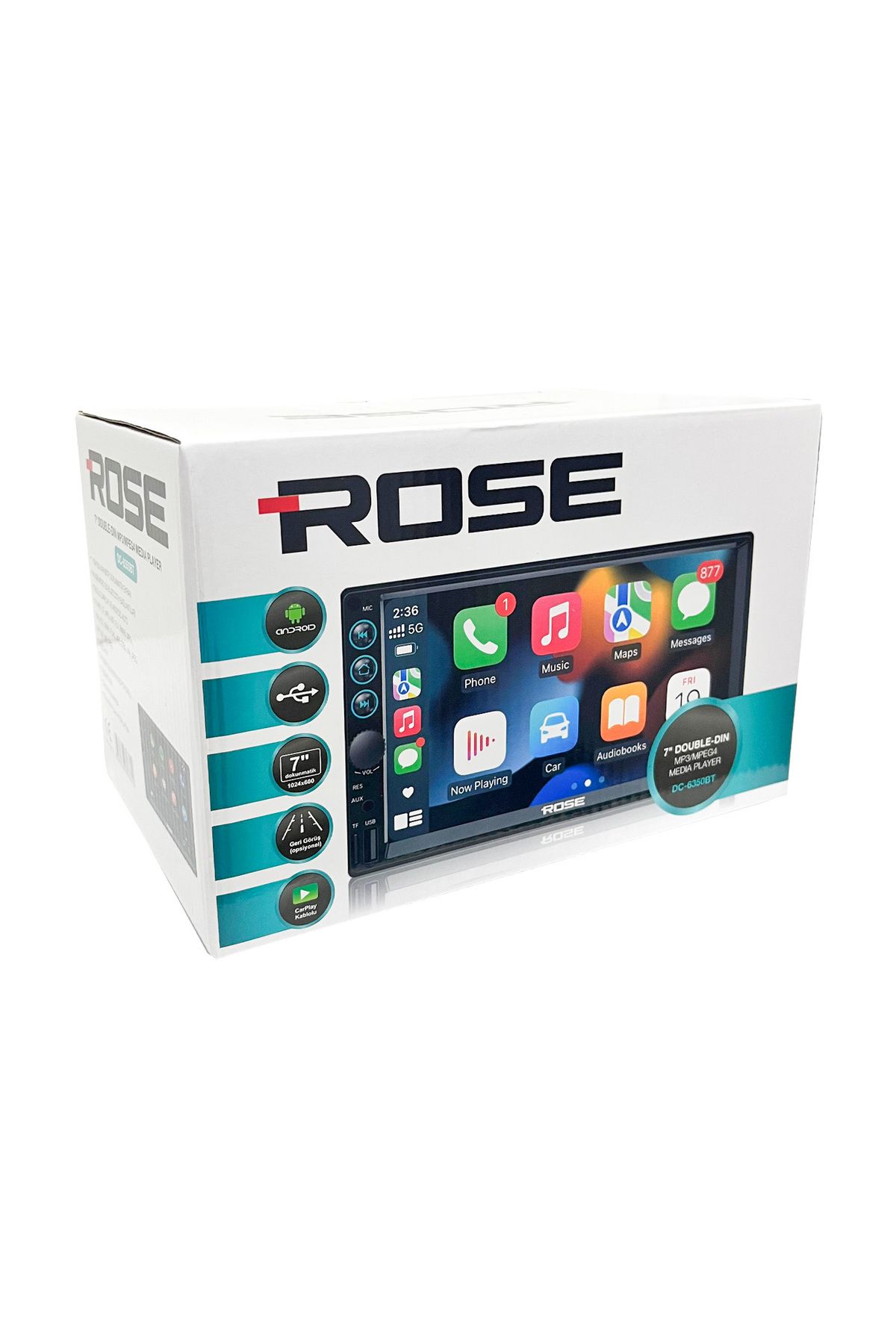 Rose DC-6350BT Android, USB,Kablolu CarPlay 7 Double-Din Teyp