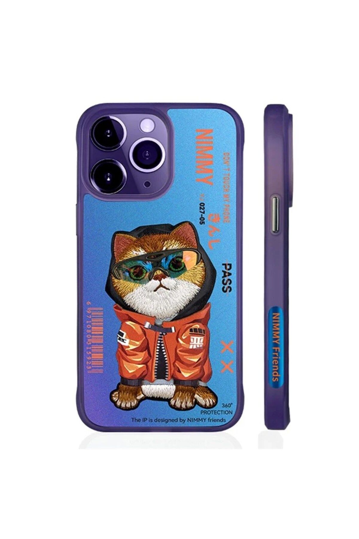 Nimmy iPhone 15 Pro Max Uyumlu 3D Gözlük Mont Kedi Detaylı Nakış İşlemeli Kabartmalı Dazzle Kılıf