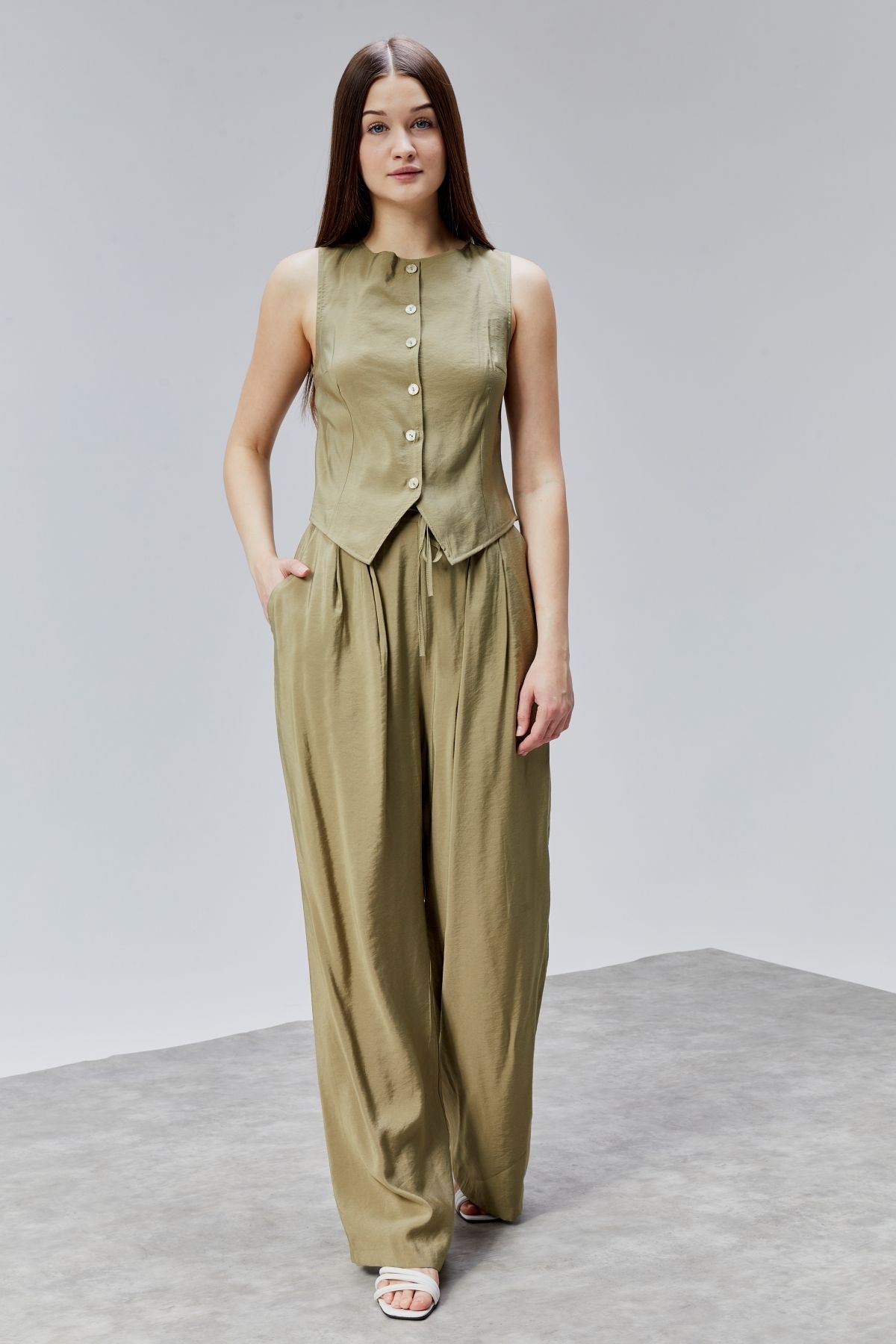 DEDAR Tekstil Yelek Ve Wide Leg Pantolon Dokuma Alt-Üst Takım