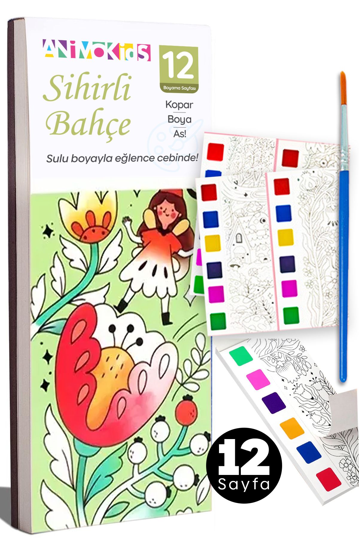 animokids Renk Paletli Sulu Boya Kitabı + Fırça, 12 Sayfa Aktivite Boyama Kitabı Seti - Sihirli Bahçe
