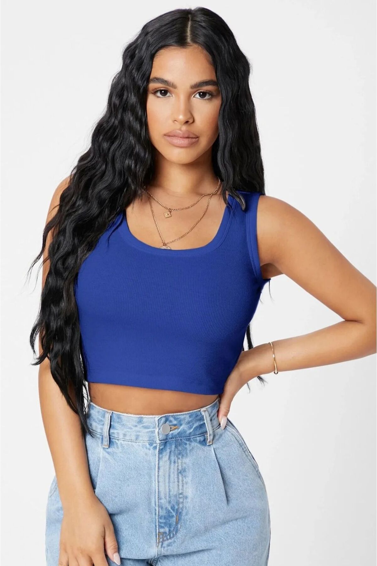 ARONA kadın lacivert kare yaka crop bluz