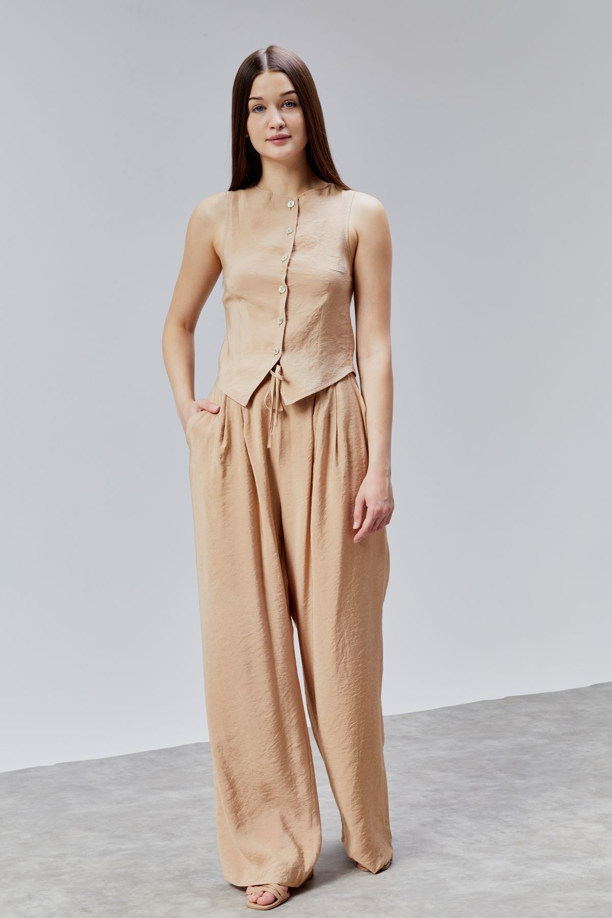 DEDAR Tekstil Yelek Ve Wide Leg Pantolon Dokuma Alt-Üst Takım