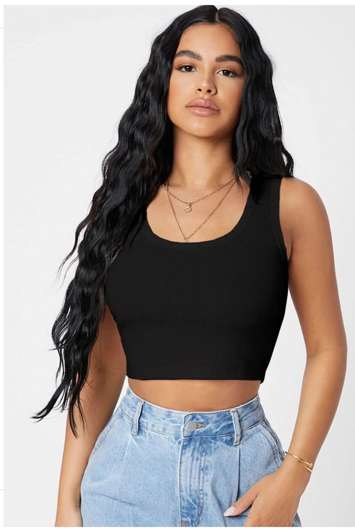 ARONA kadın siyah kare yaka crop bluz
