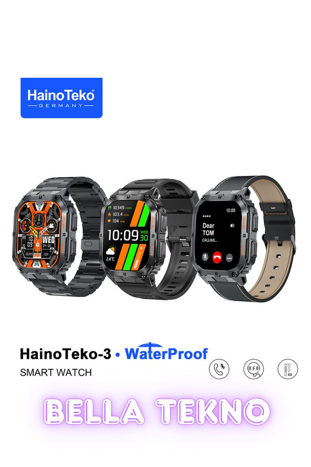 BellaThec Su Geçirmez Haino Teko-3 Akıllı Saat Erkek AMOLED Ekran + 3 Kordon
