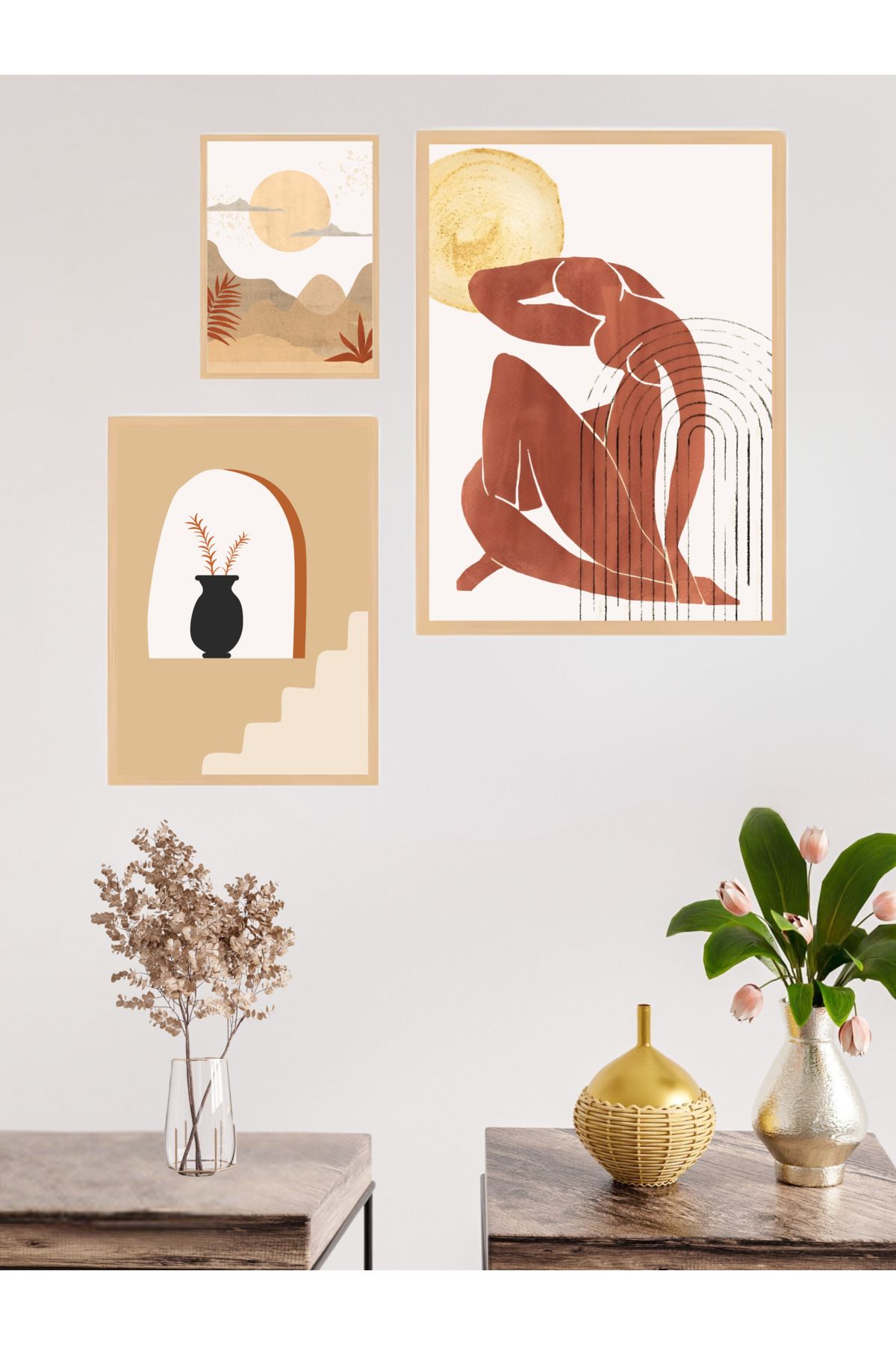 woodhomeworks 3'lü Set Doğal Ahşap Çerçeveli Tablo Seti Qkyr51