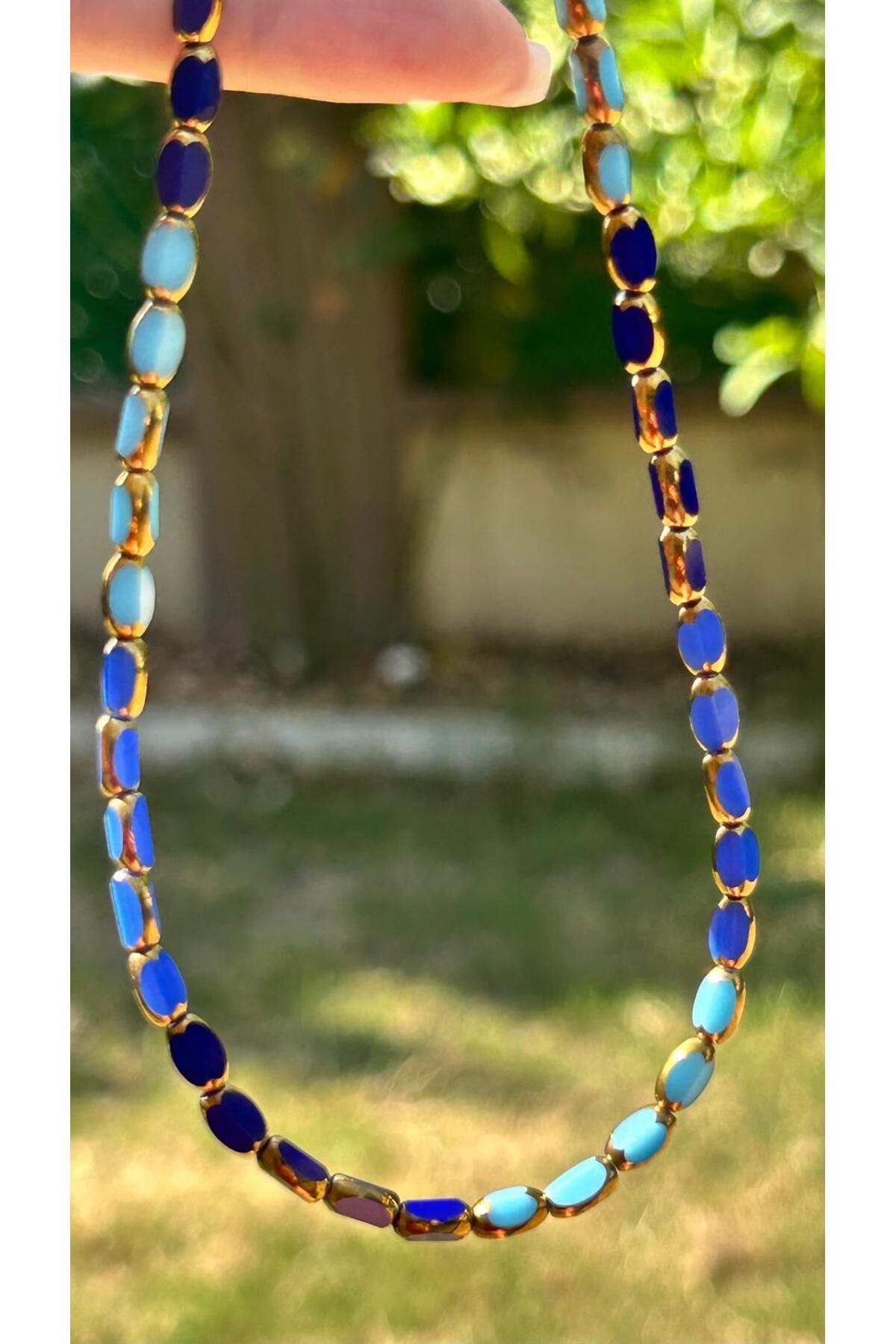 juleeco Üç Renk Mavi Amorf Altın Kaplı Kristal Boncuk Kolye(43+6cm)