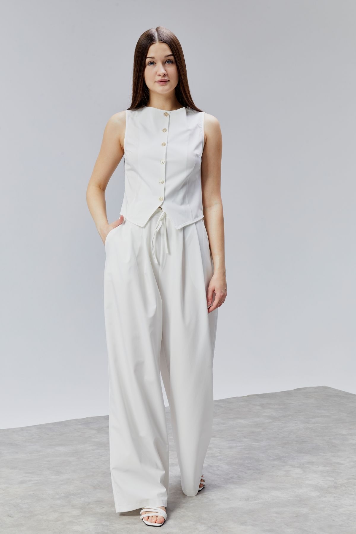 DEDAR Tekstil Yelek Ve Wide Leg Pantolon Dokuma Alt-Üst Takım