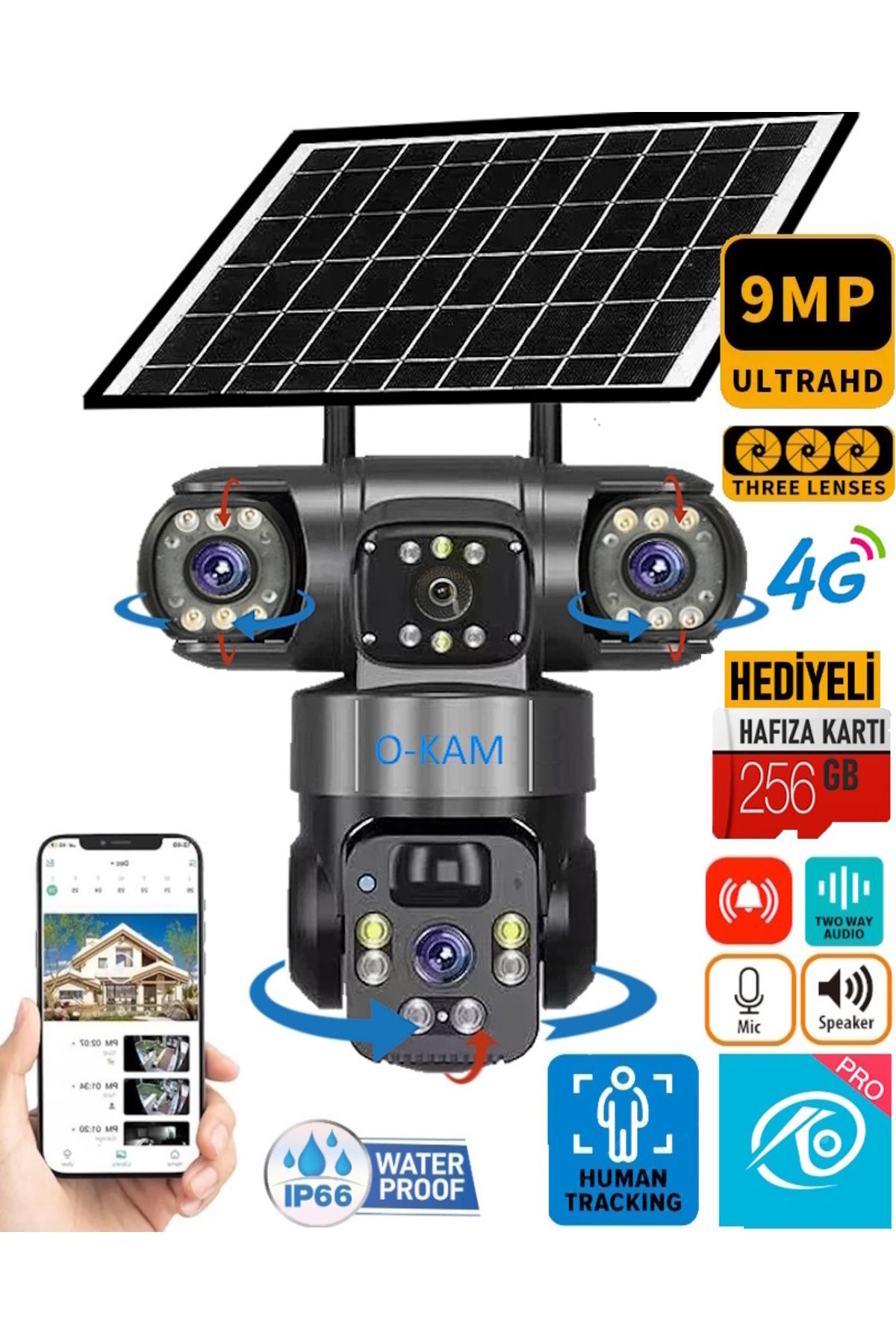 O-KAM 6060 256GB 9MP (3+3+3) Üç Kameralı UltraHD 4G Güneş Enerjili Akıllı Güvenlik Kamerası