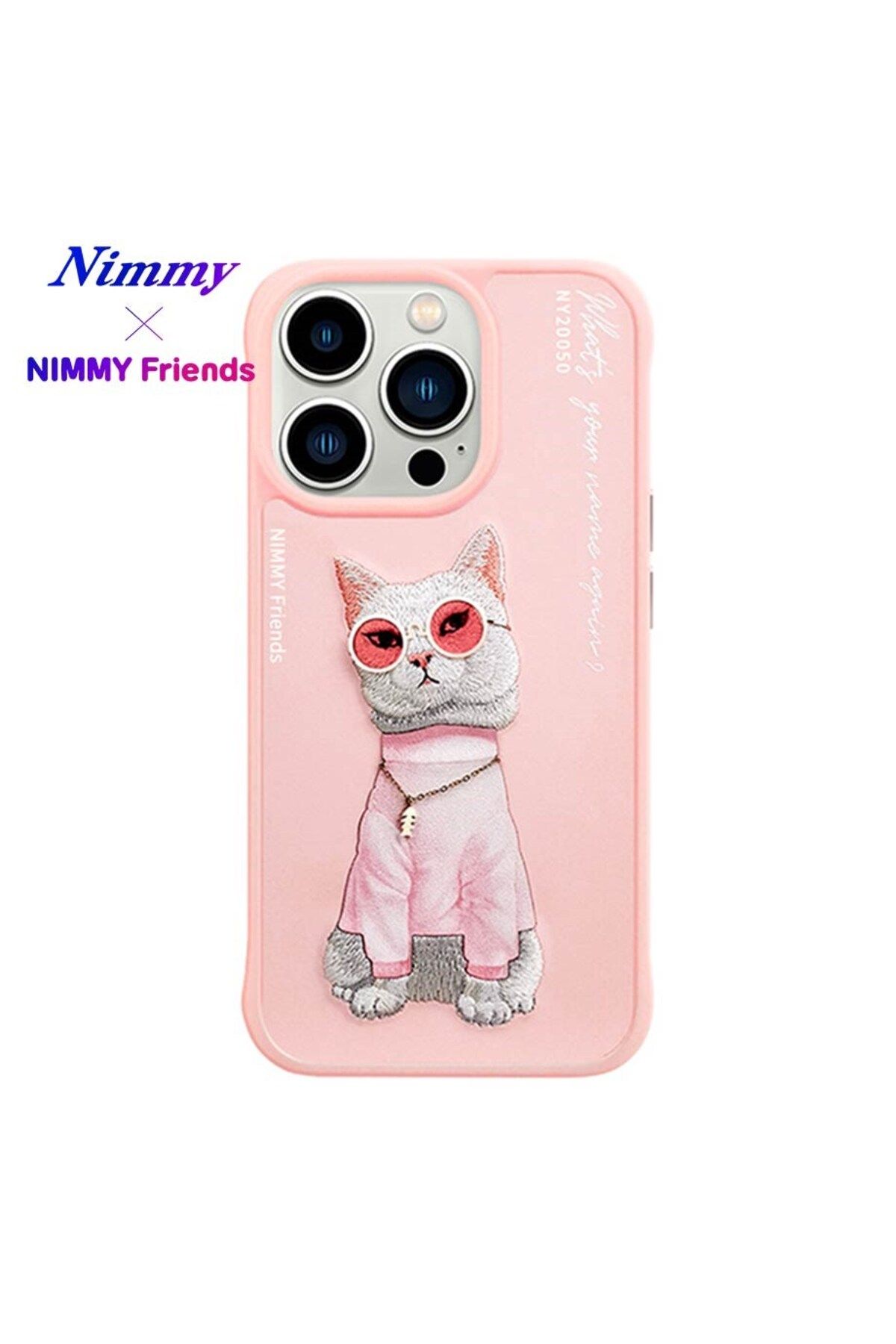 Nimmy iPhone 15 Pro Uyumlu 3D Gözlük Zincir White Kedi Nakış İşlemeli Kabartmalı Cool Glasses Kılıf