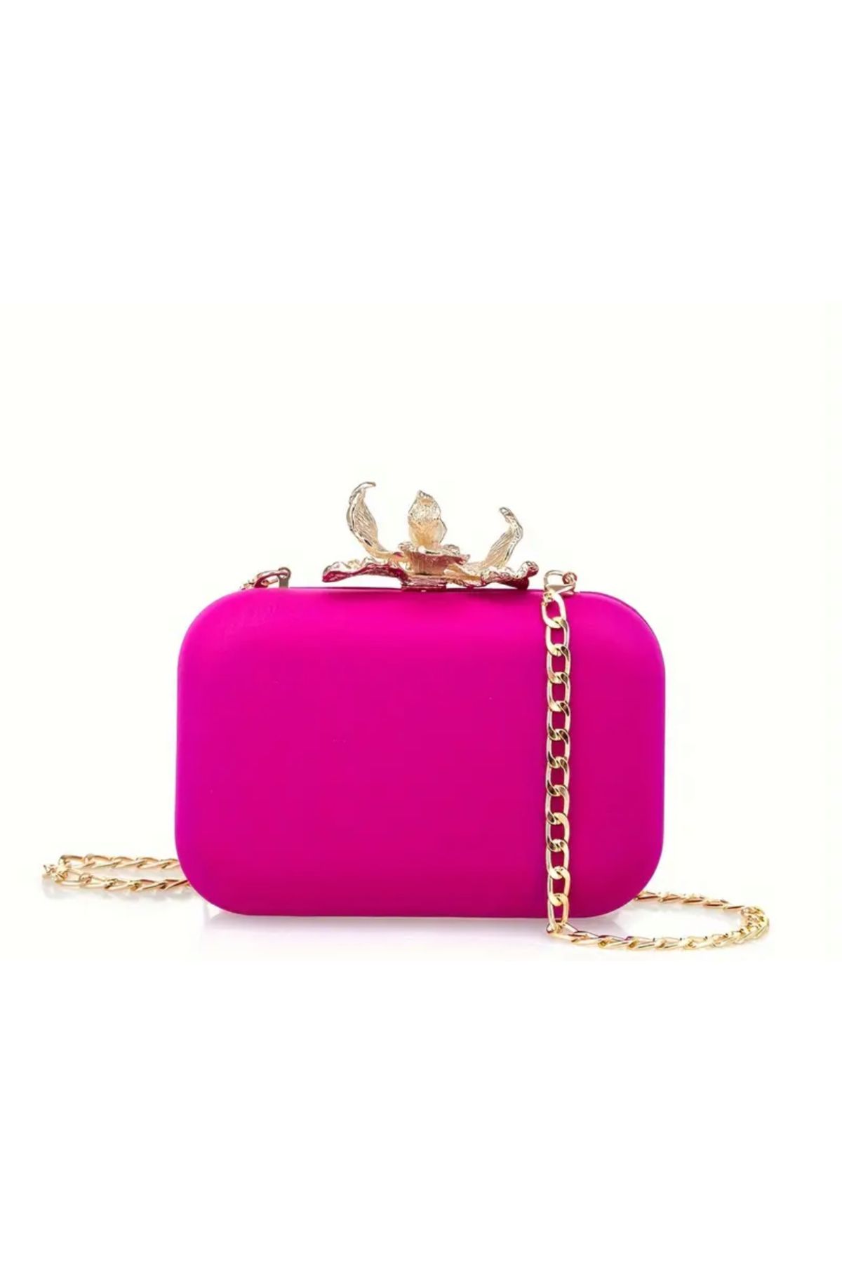 LİLİBETH BİJOU Fuşya Saten Görünümlü Gold Kapak Detaylı Clutch Çanta