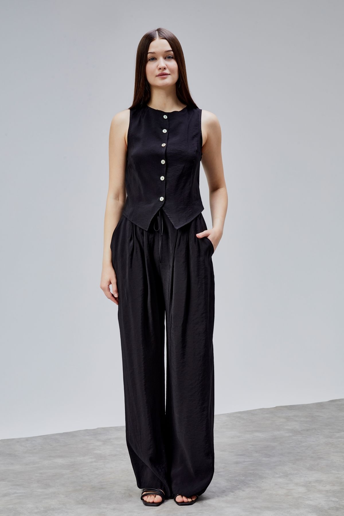DEDAR Tekstil Yelek Ve Wide Leg Pantolon Dokuma Alt-Üst Takım