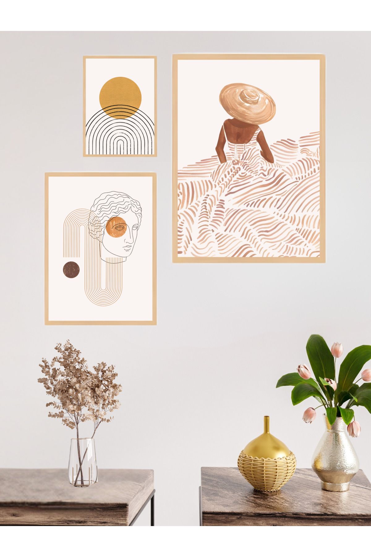 woodhomeworks 3'lü Set Doğal Ahşap Çerçeveli Tablo Seti Qkyr51