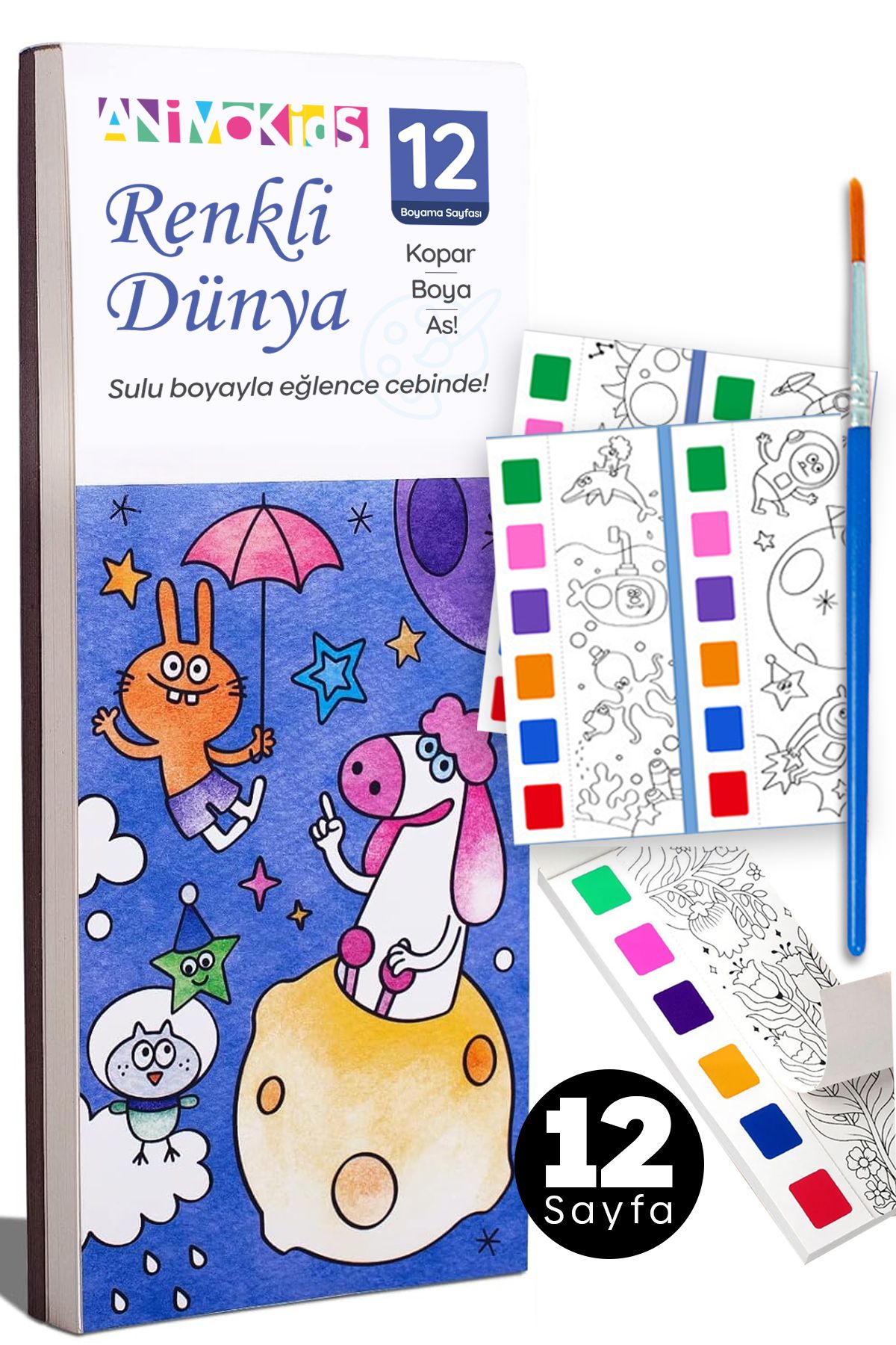 animokids Renk Paletli Sulu Boya Kitabı + Fırça, 12 Sayfa Aktivite Boyama Kitabı Seti - Renkli Dünya