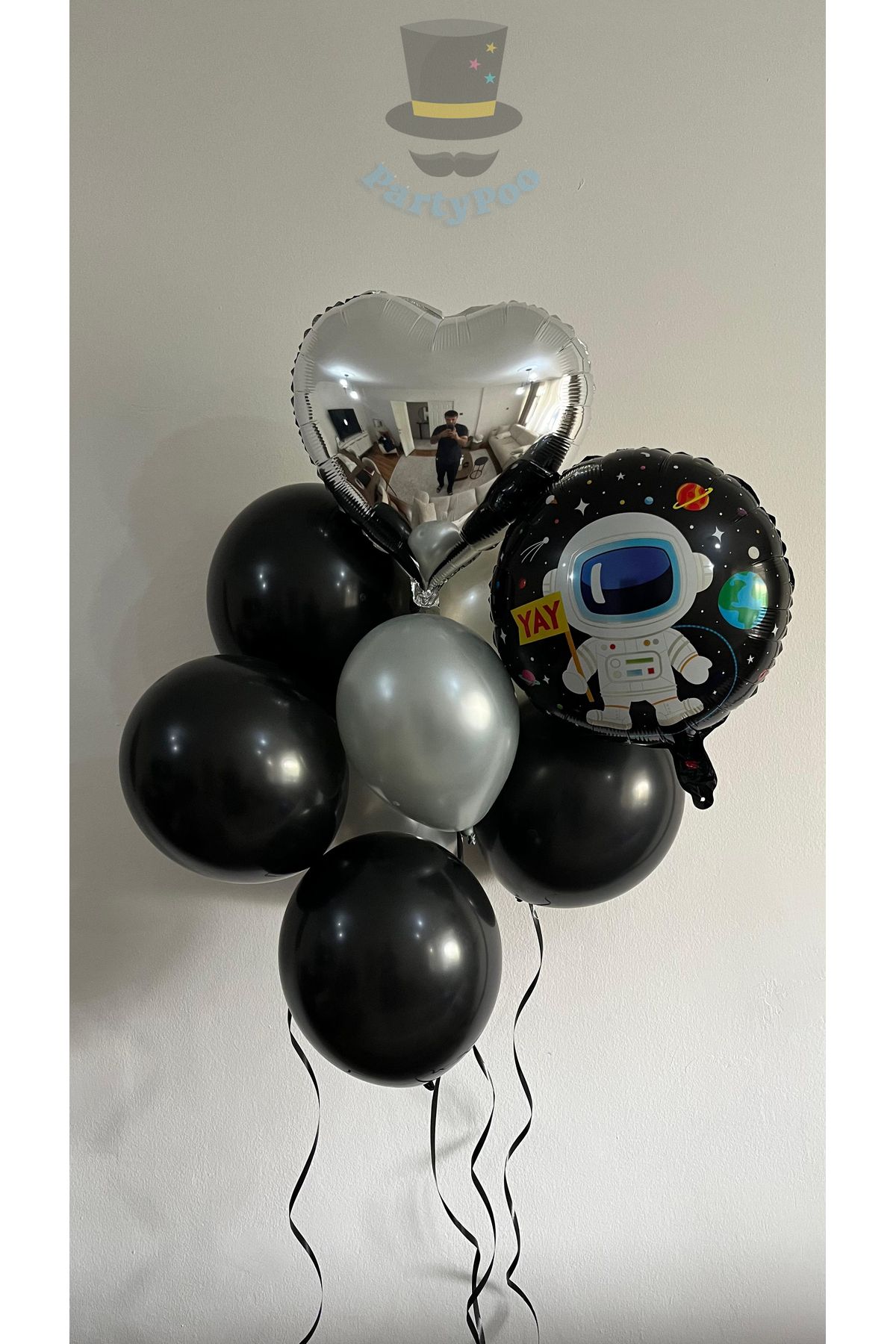 PartyPoo 13 Parça Metalik gümüş Kalp Folyo ve Uzay Folyo Balon Seti Doğum Günü Parti Folyo Balon Seti