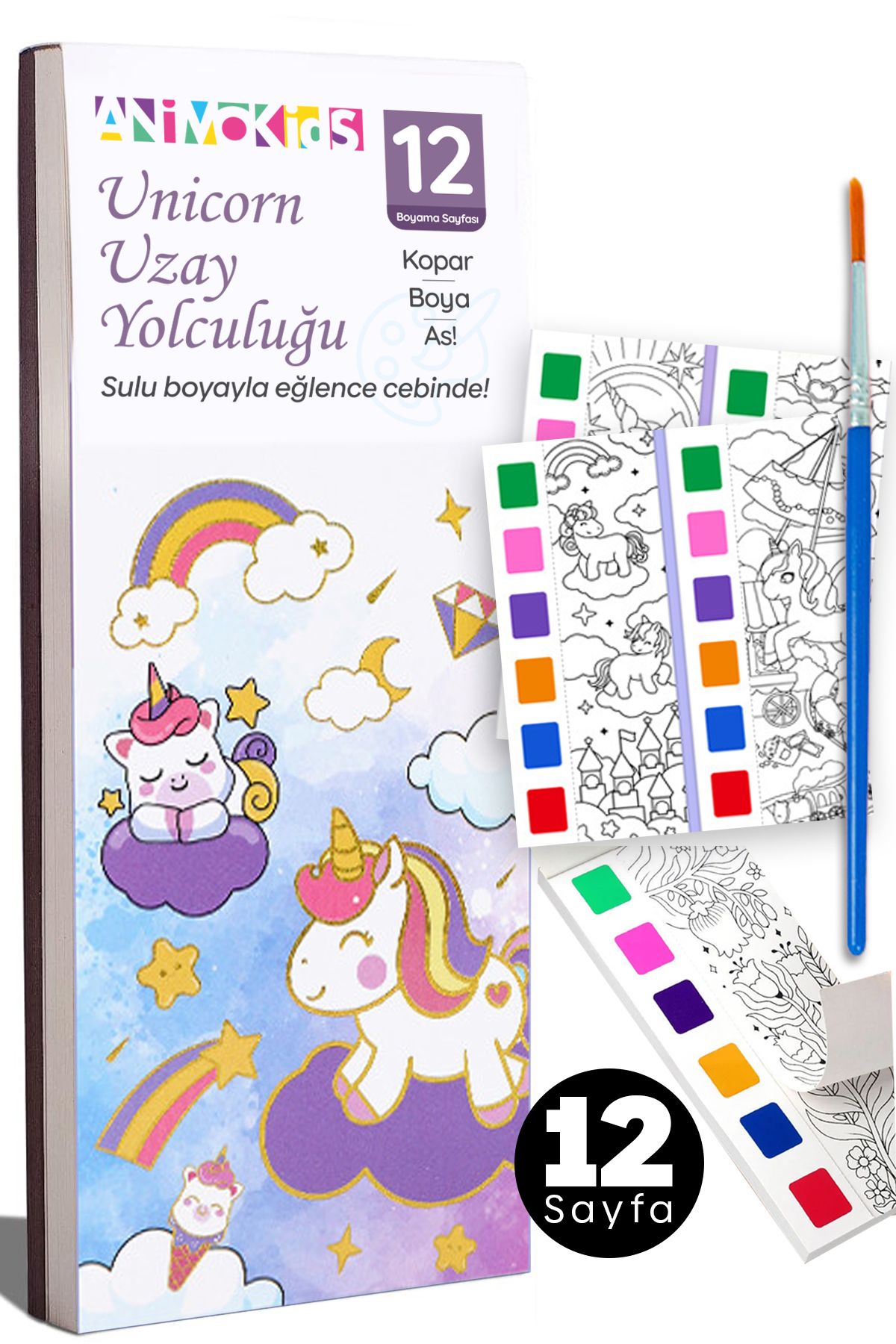 animokids Renk Paletli Sulu Boya Kitabı + Fırça, 12 Sayfa Aktivite Boyama Kitabı Seti - Unicorn Uzay Yolculuğu