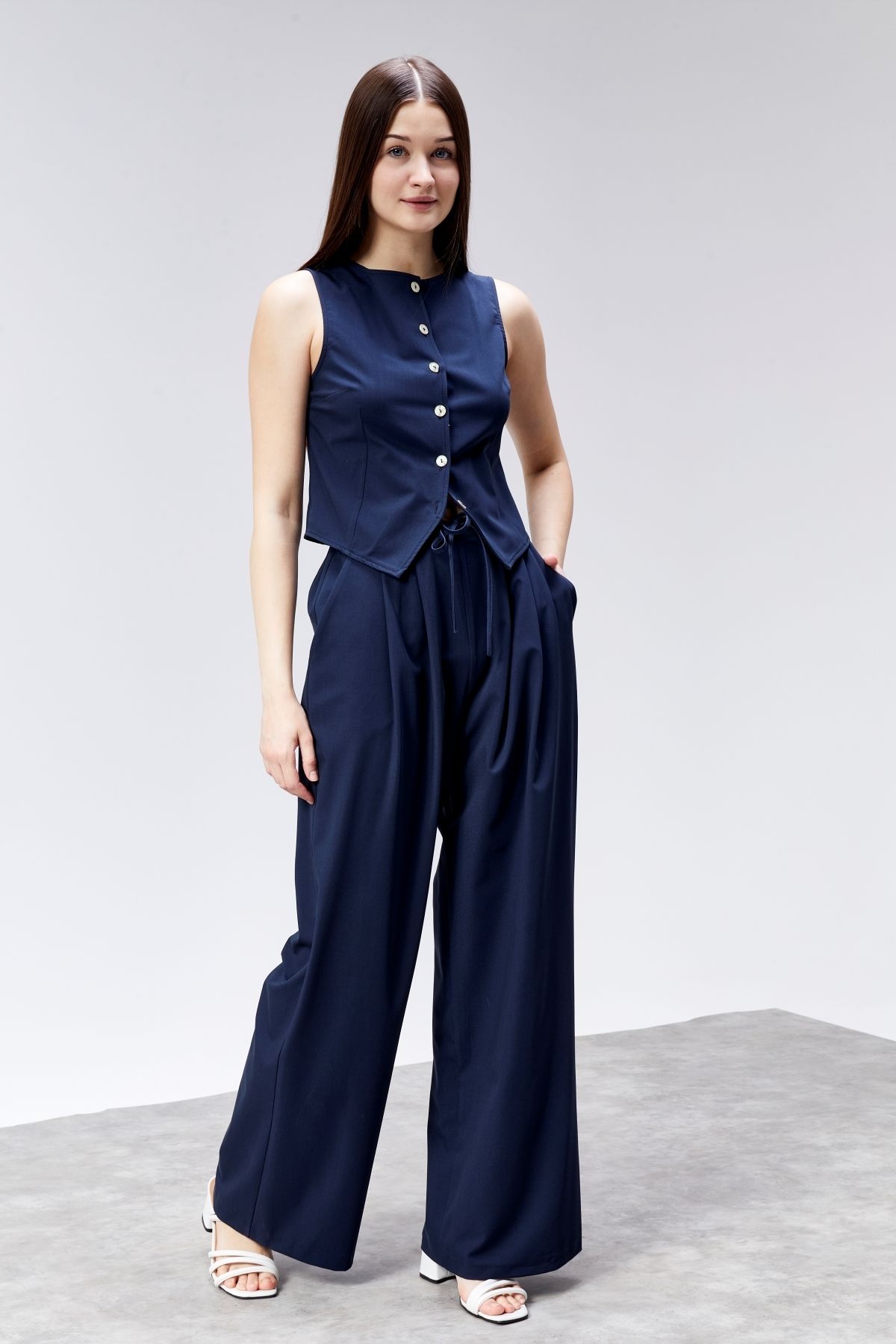 DEDAR Tekstil Yelek Ve Wide Leg Pantolon Dokuma Alt-Üst Takım