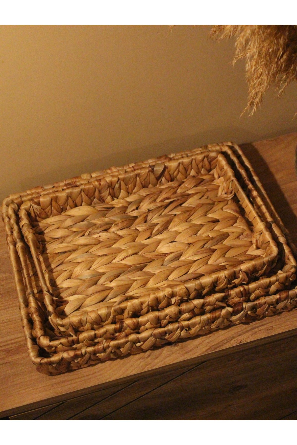 Paganca-3-Piece Wicker Water Hyacinth Rectangular Tray 2