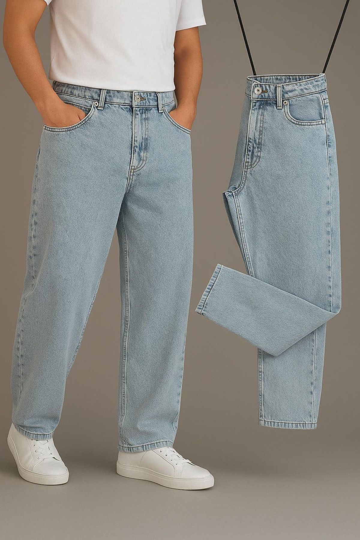 BM BALANCEMODA Erkek Mavi Kar Baggy Fit Likrasız Rahat Kesim Jean Pantolon