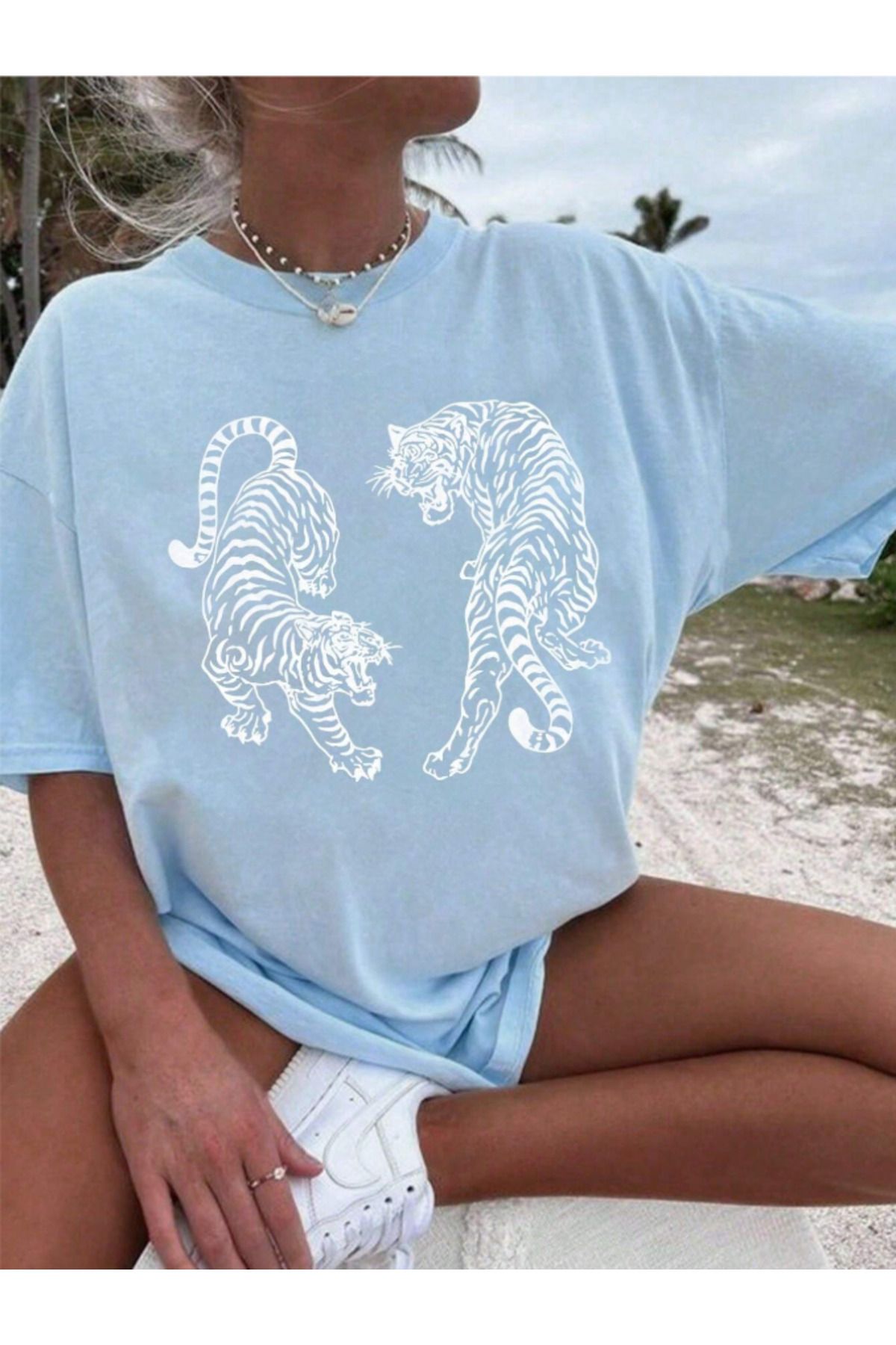 COHERENT Unisex Erkek/Kadın KAPLAN Özel Baskılı Oversize Pamuklu T-Shirt