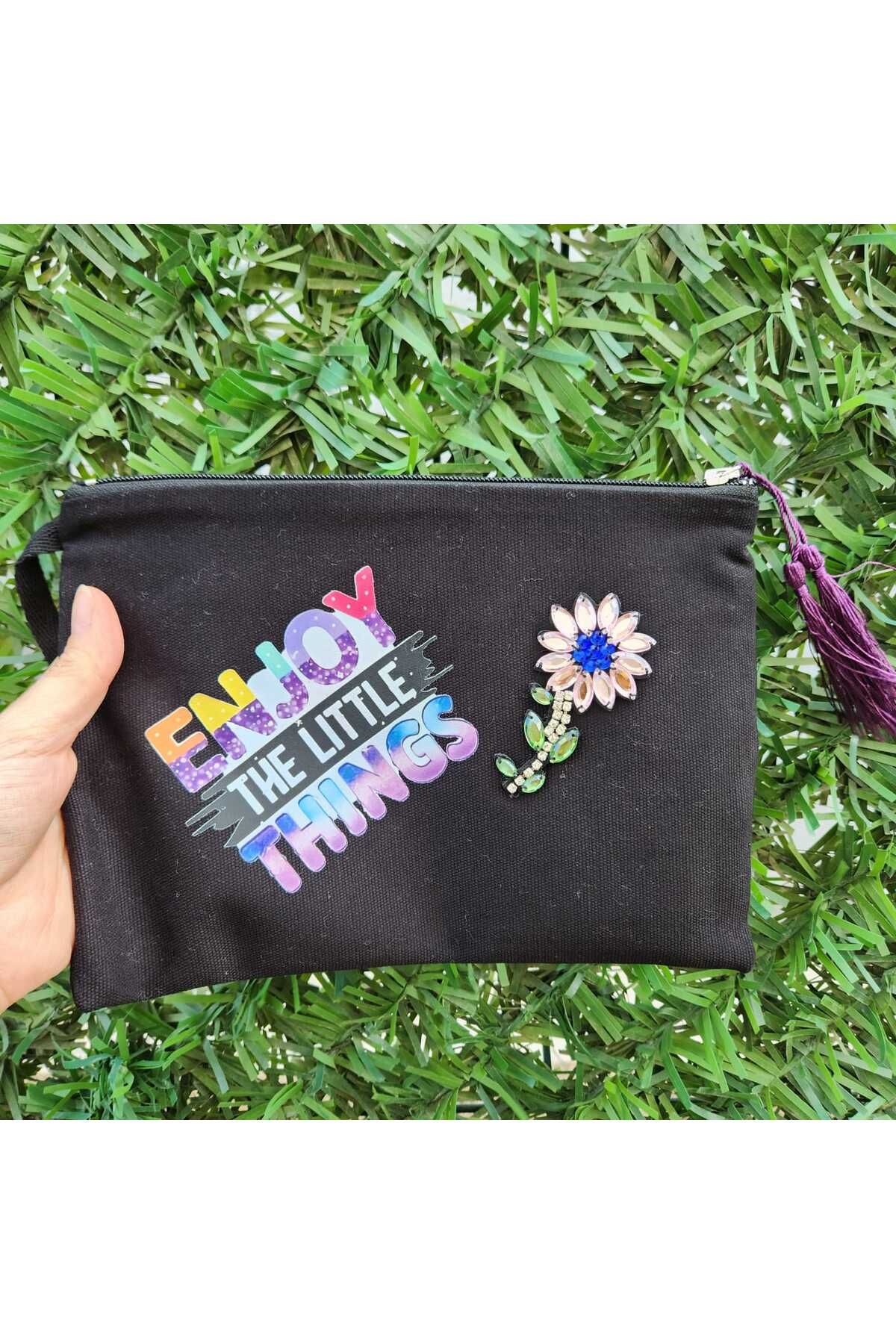 vengri Kadın Özel Tasarım Astarlı Clutch Bez Nakış ve Armalı Portföy El Makyaj Plaj Çantası Siyah Enjoy