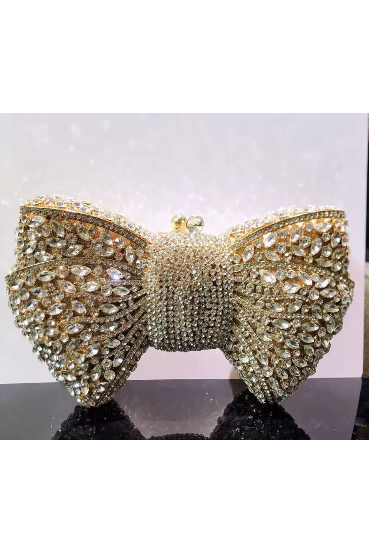 LİLİBETH BİJOU Altın Kristal Taşlı Fiyonk Clutch Çanta Exculusive seri)
