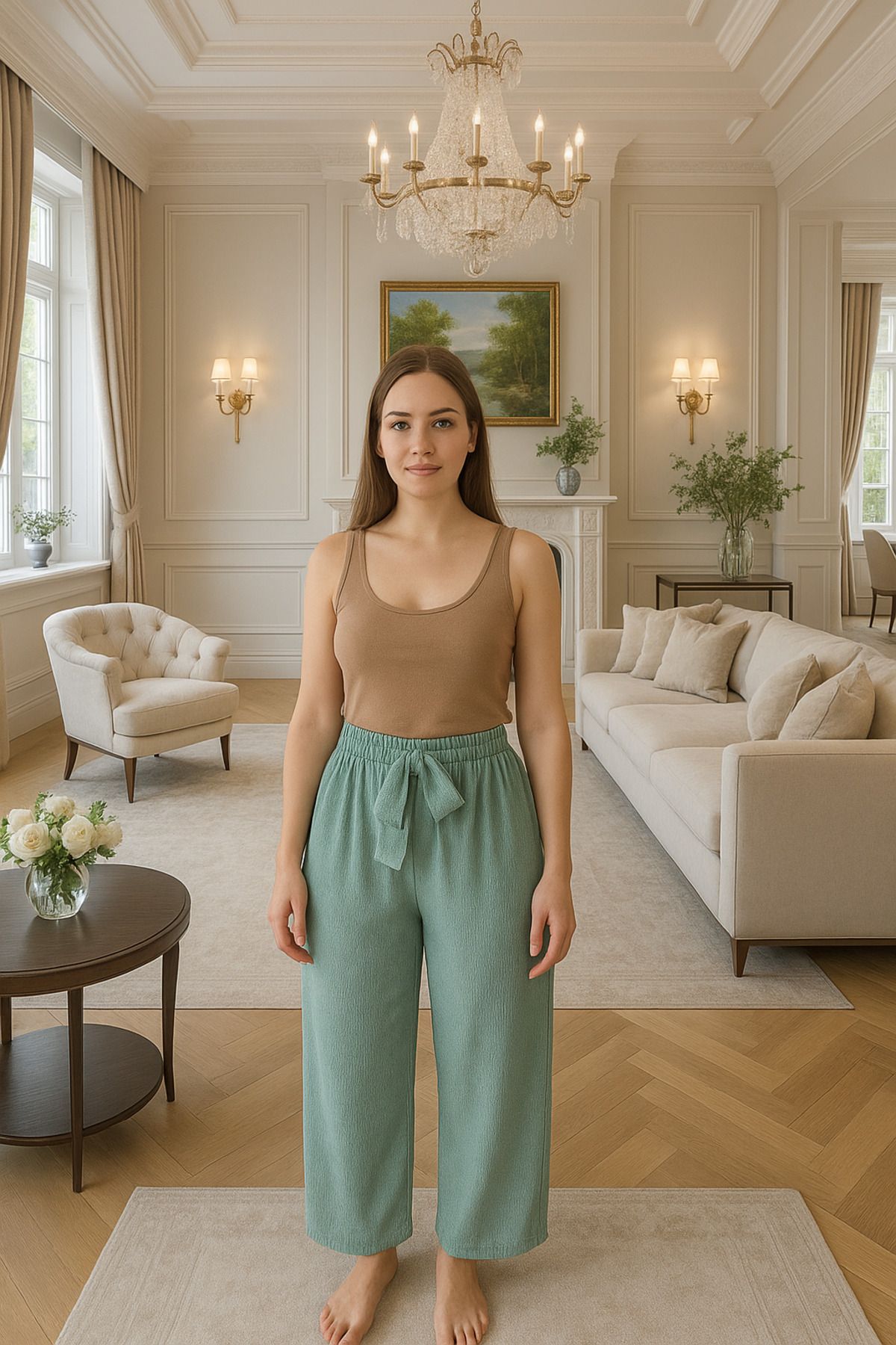 Gawzera Kadın Oversize Kesim Su Yeşili Esnek Bel Battal Beden Bürümcük Pijama Altlık