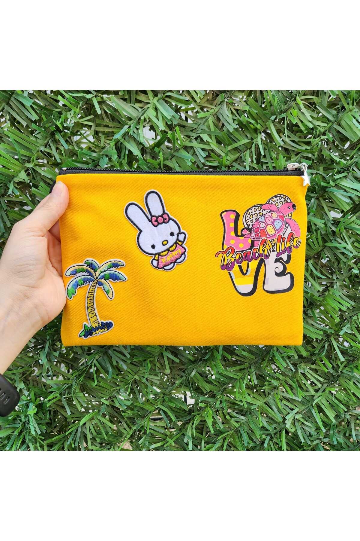vengri Kadın Özel Tasarım Astarlı Clutch Bez Nakış ve Armalı Portföy El Makyaj Plaj Çantası Sarı Love