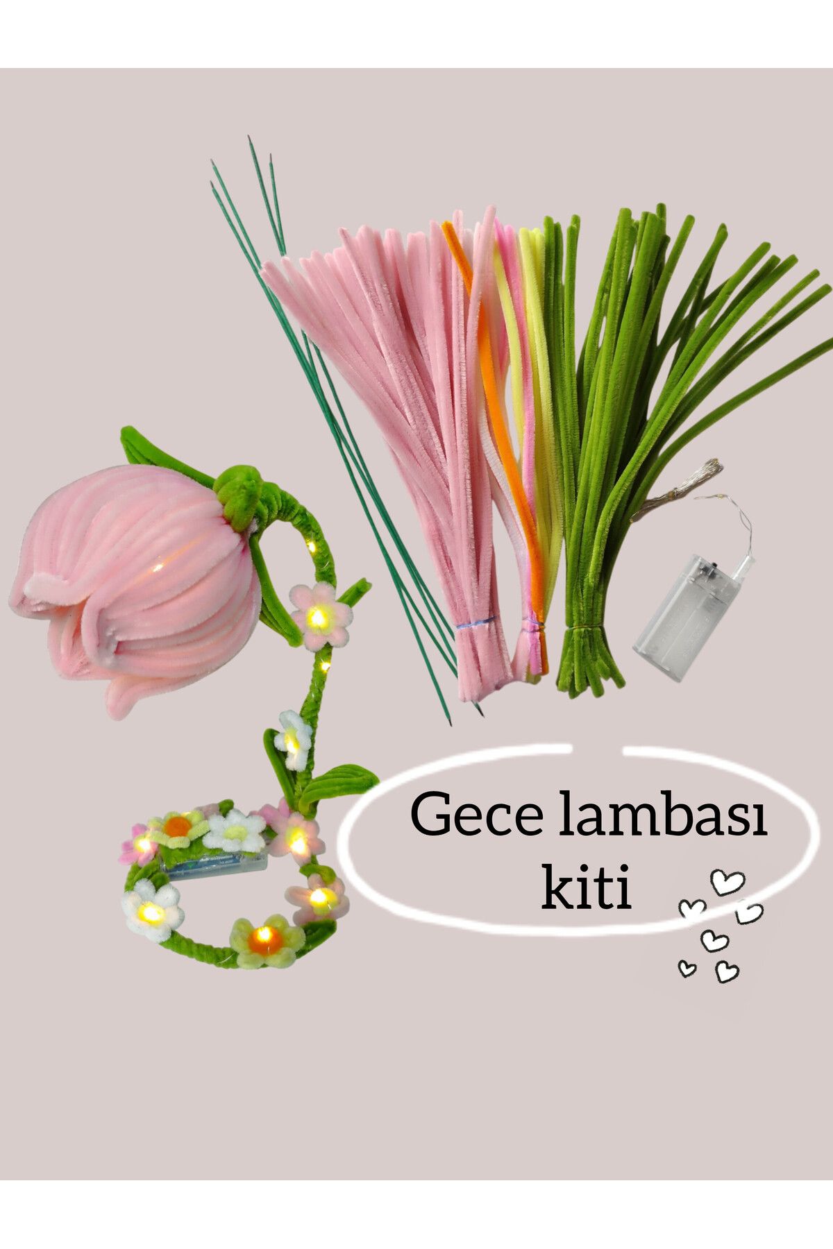 Butik Heryer.ciceklenir "Çan Çiçeği Gece lambası Kit Seti,Renk Pastel Pembe, Tel Şönilden Tüylü Şönil Seti