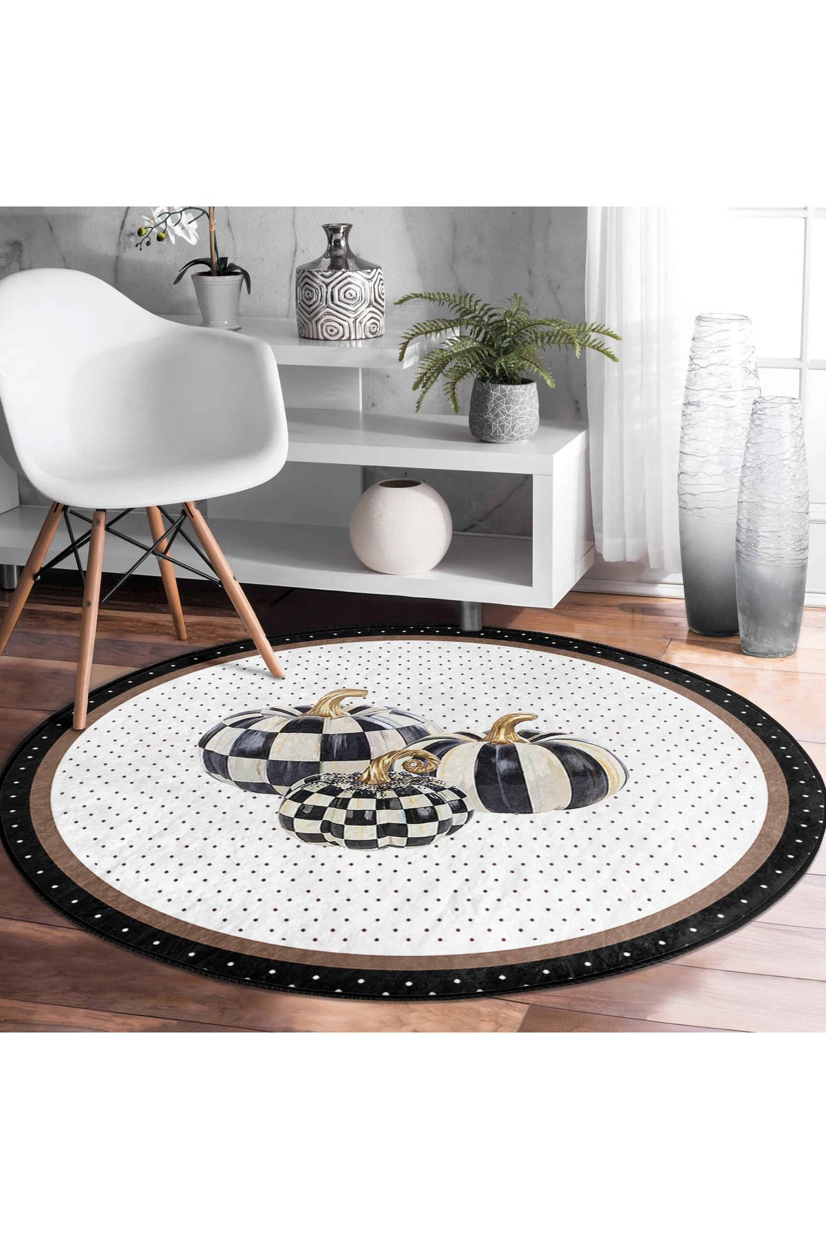 Realhomes Siyah-Beyaz Şeritli Desenli Modern Salon Halısı - Yuvarlak Kaymaz Taban Yıkanabilir
