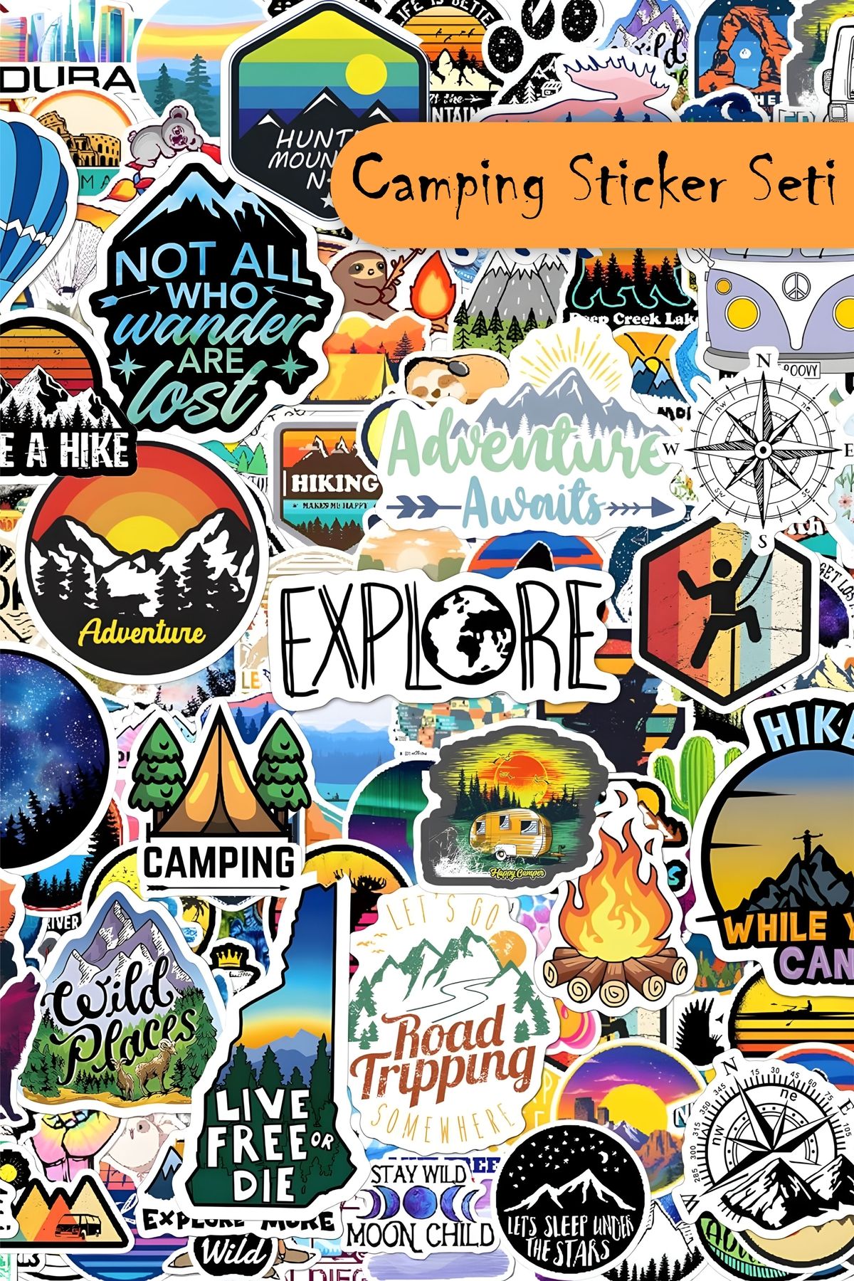 Grafikup 98 Adet Camping Sticker Seti - Reading Bullet Journal Scrapbook Ajanda Laptop Telefon Kamp Sticker