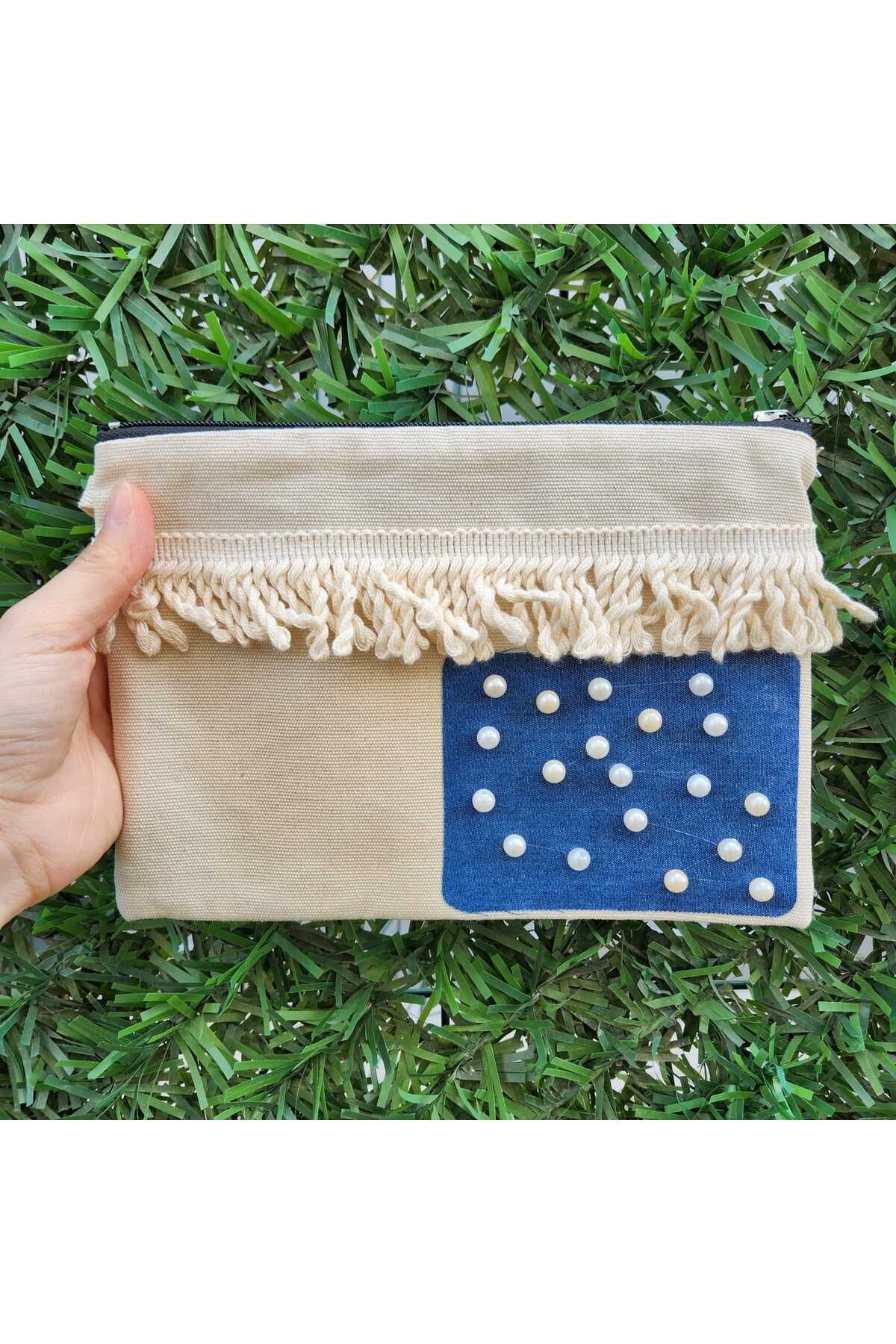 vengri Kadın Özel Tasarım Astarlı Clutch Bez Nakış ve Armalı Portföy El Makyaj Plaj Çantası Naturelİnci