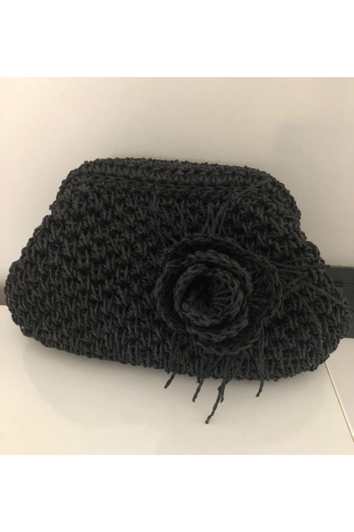PeriStore Siyah Hasır Clutch Çanta El Örmesi 28x29cm