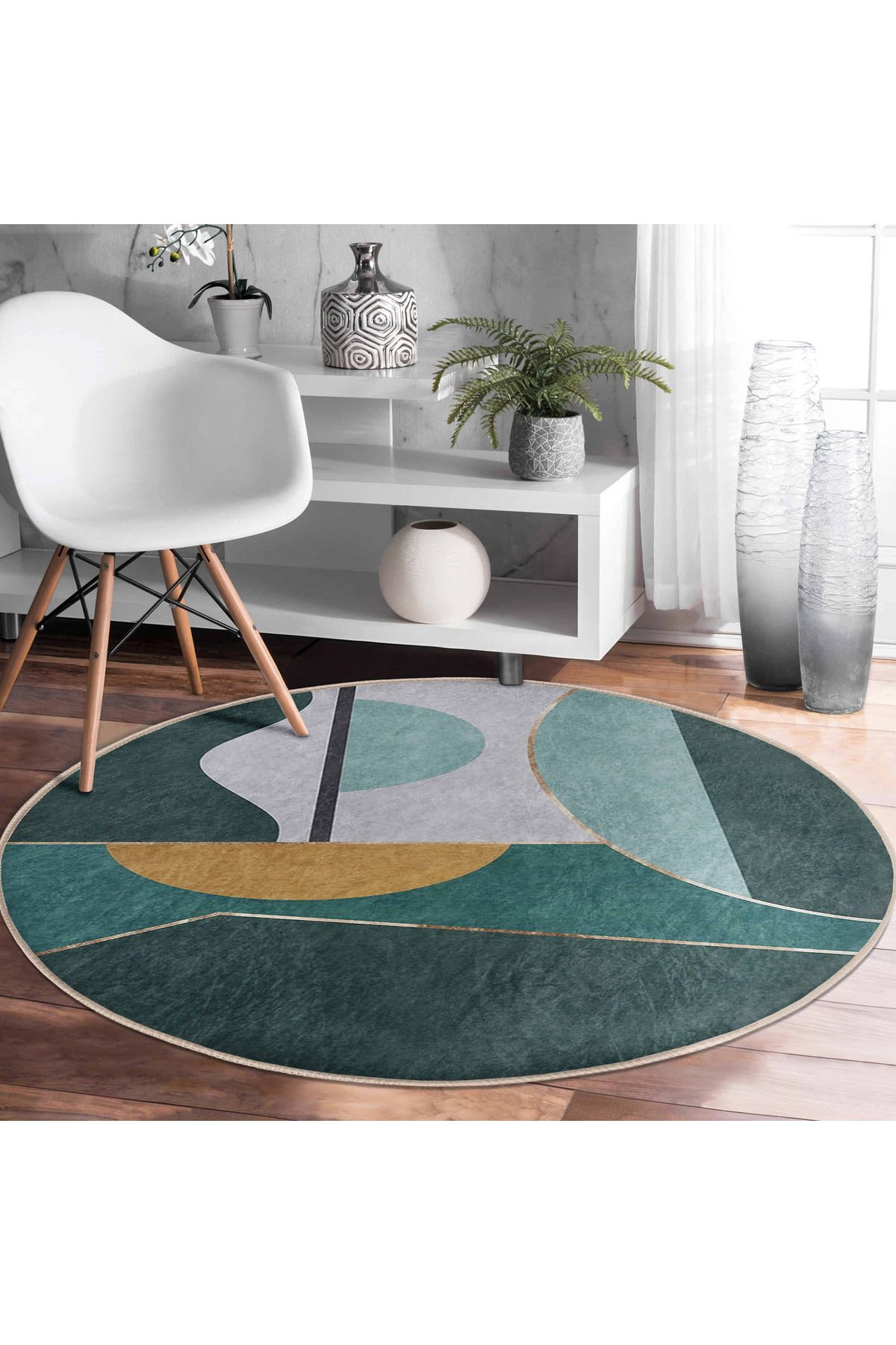 Realhomes Geometrik Desenli Yuvarlak Salon Halısı Yıkanabilir Kaymaz Taban