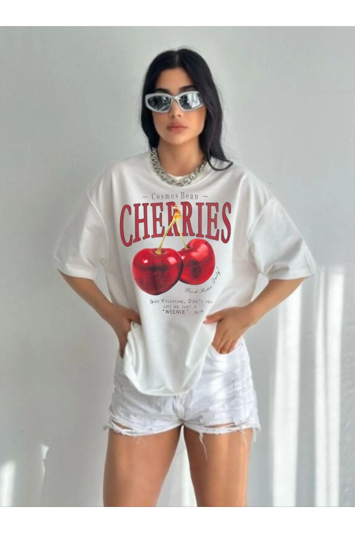 DWN WEAR Unisex Erkek/Kadın CHERRIES Özel Baskılı Oversize Pamuklu Bisiklet Yaka T-Shirt