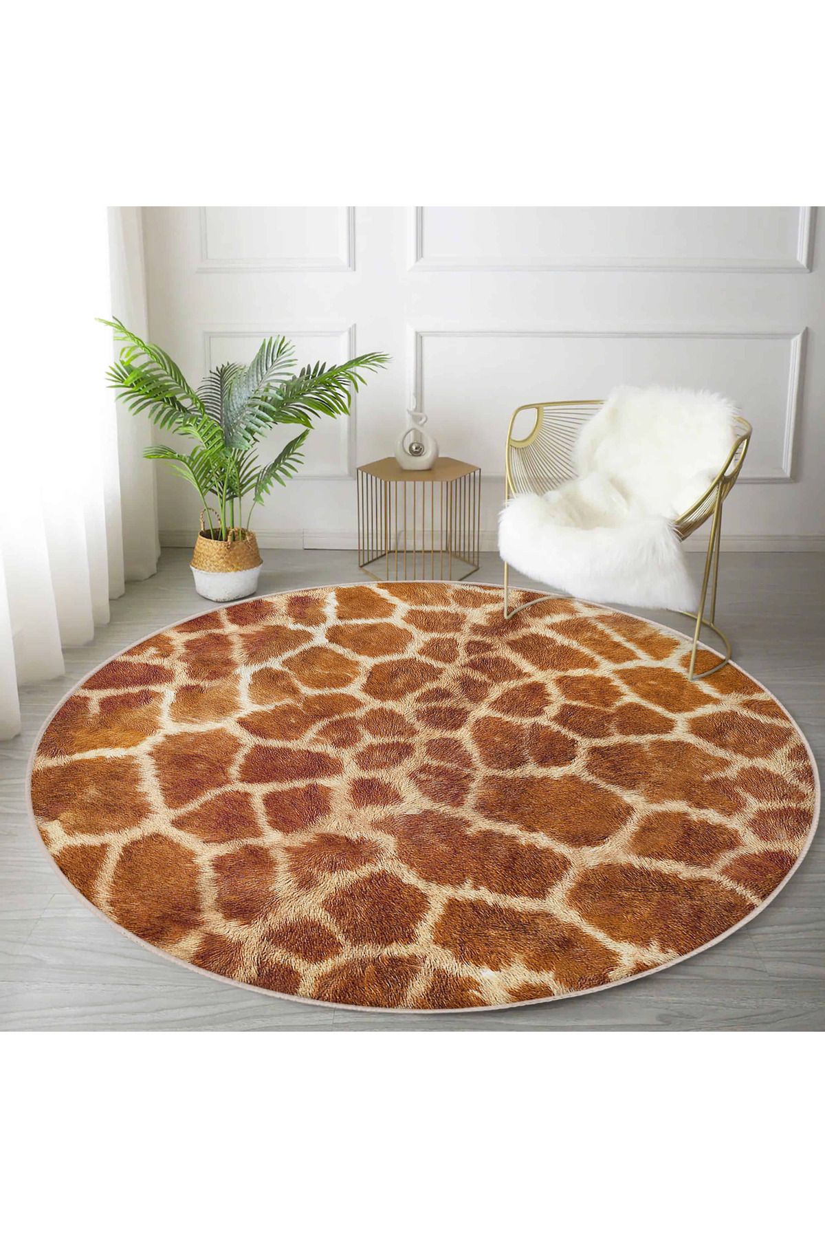 Realhomes Zengin Kahverengi ve Sarı Giraffe Desenli Yuvarlak Salon Halısı Yıkanabilir Kaymaz Tabanlı