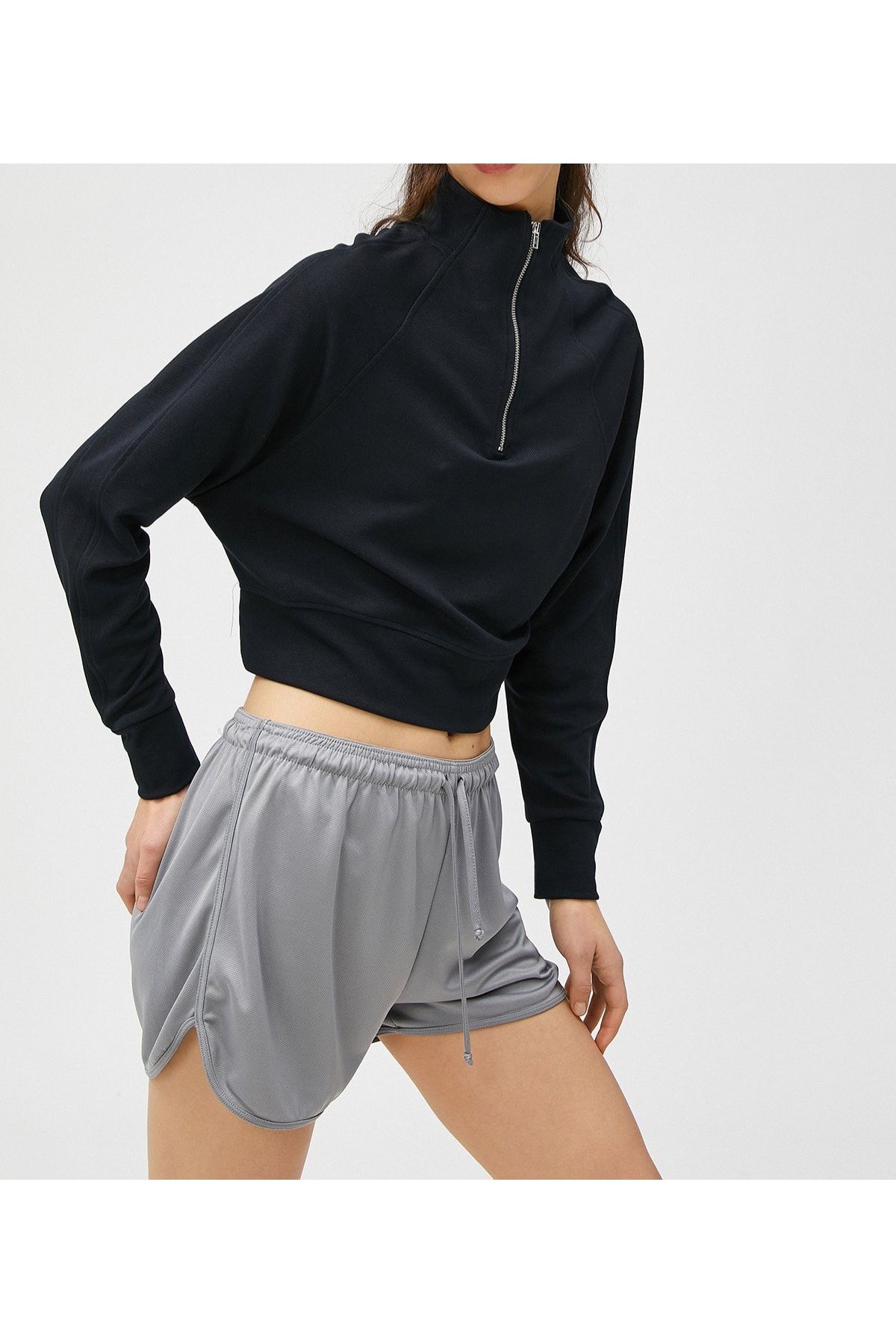 GÜLÇİNCE Koton Fermuarlı Dik Yaka Crop Spor Sweatshirt Lacivert XL