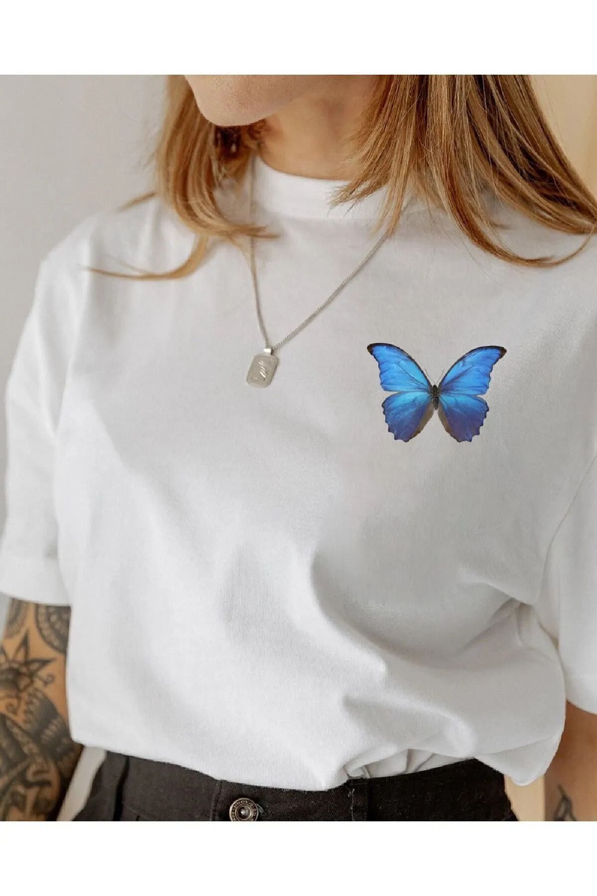 Rokeby Premium Kalite Pamuk Penye - Oversize Kadın Tişört – Yazlık – Mavi Kelebek Baskılı – Beyaz T-shirt