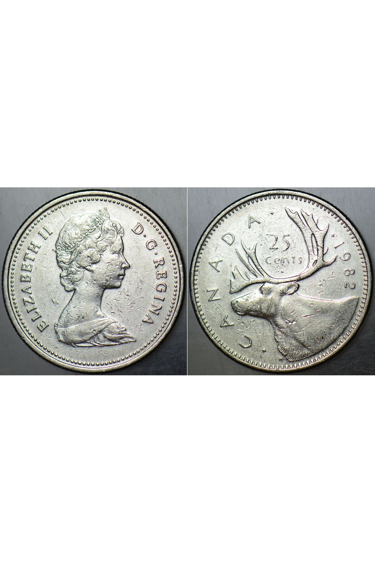 Banknoting KANADA 25 CENT 1982 KRALİÇE II. ELİZABETH GENÇ BÜST. 23,8 mm ÇAPINDA.