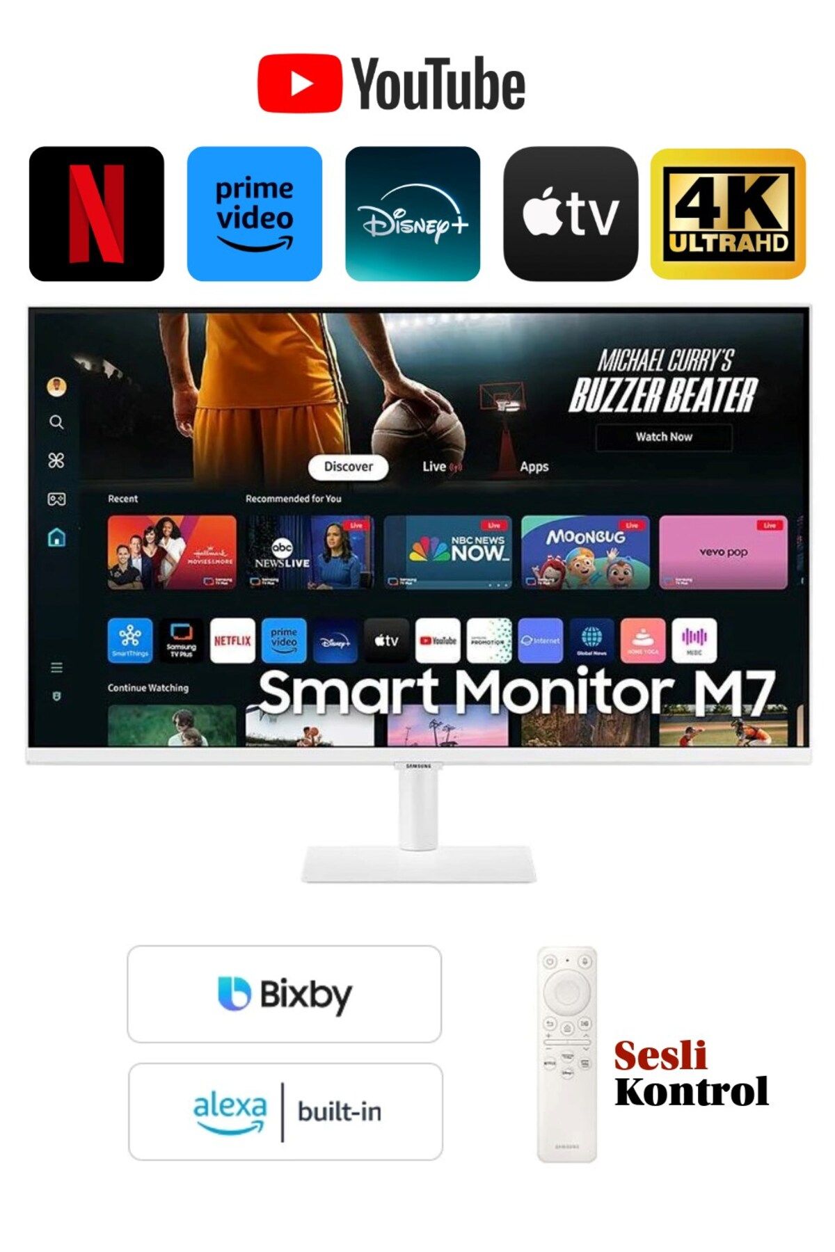 Samsung Kablosuz Wİ-Fİ, Bluetooth 4K UHD (3840x2160) HDR10 SMART-Akıllı Tv Monitör 32inç 80 Ekran beyaz
