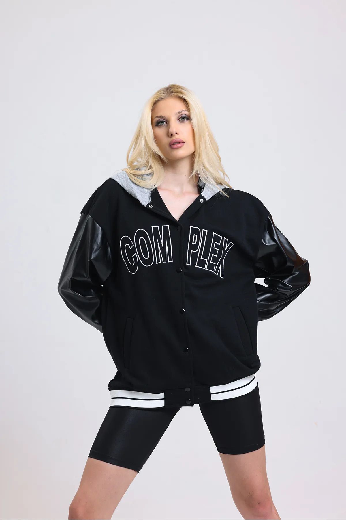 PEYORA Unisex Siyah Üç Iplik Polar Kolej Ceket
