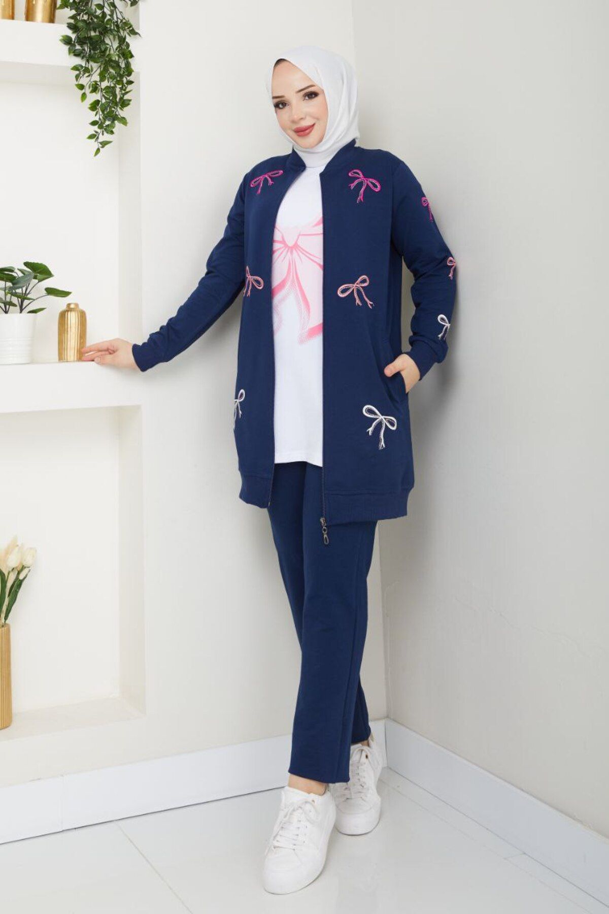 moda4b 3'lü Tesettür Spor Takım - Fiyonk Nakışlı İki İplik Pamuk Kumaş n-05439 _ laci