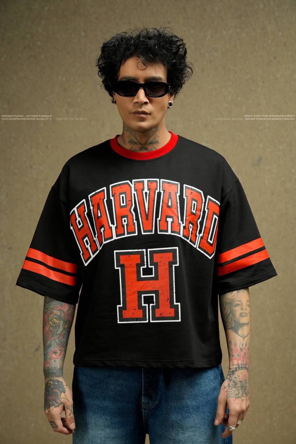 RODEZ Siyah Harvard Basklı Oversize Tshirt
