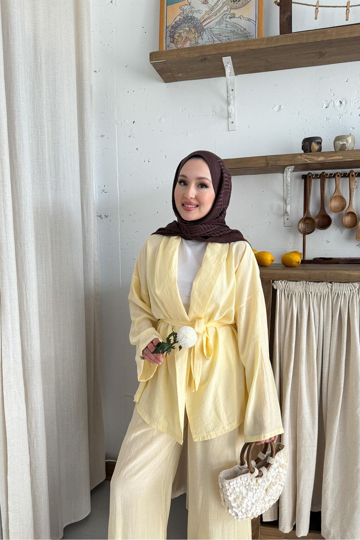 Rimel Moda Mishel Kimono Takım Sarı