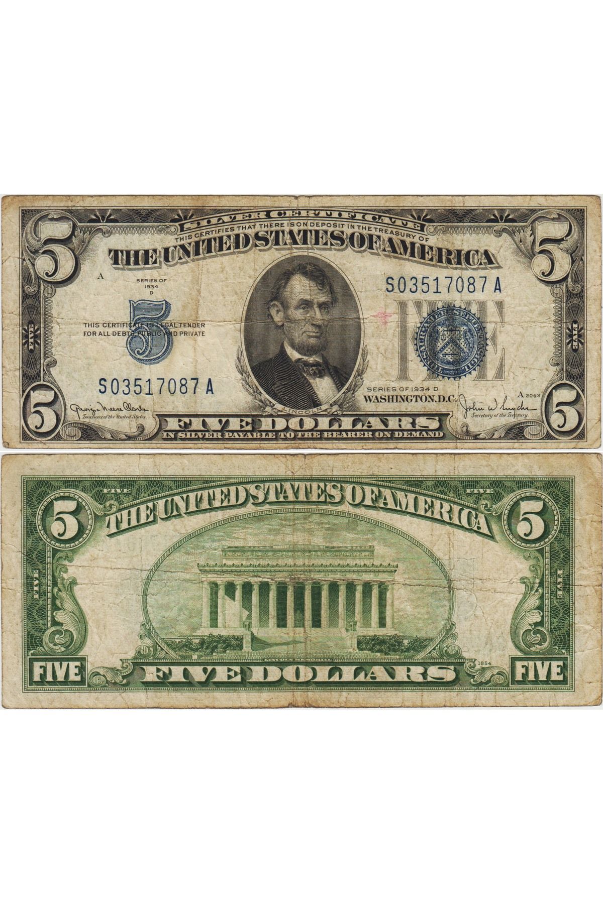 Banknoting AMERİKA BİRLEŞİK DEVLETLERİ 5 DOLAR 1934 D MAVİ MÜHÜR. TEMİZ KONDİSYON.