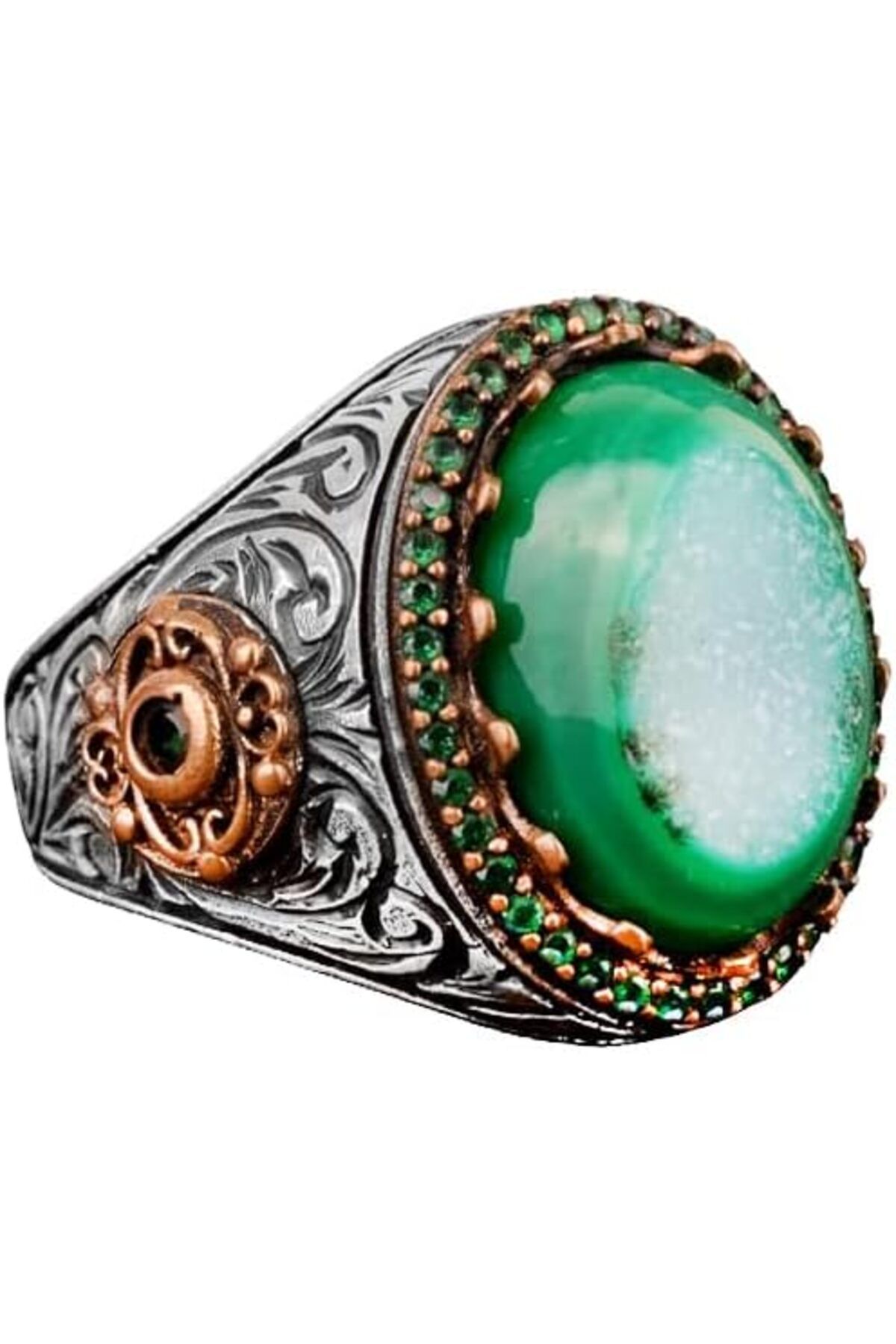 KAMBO Gerçek Doğal Drusy Kristal Kuvars Taşı Erkek Yüzüğü, Vintage Yüzük, 925 Ayar Gümüş Yüzük