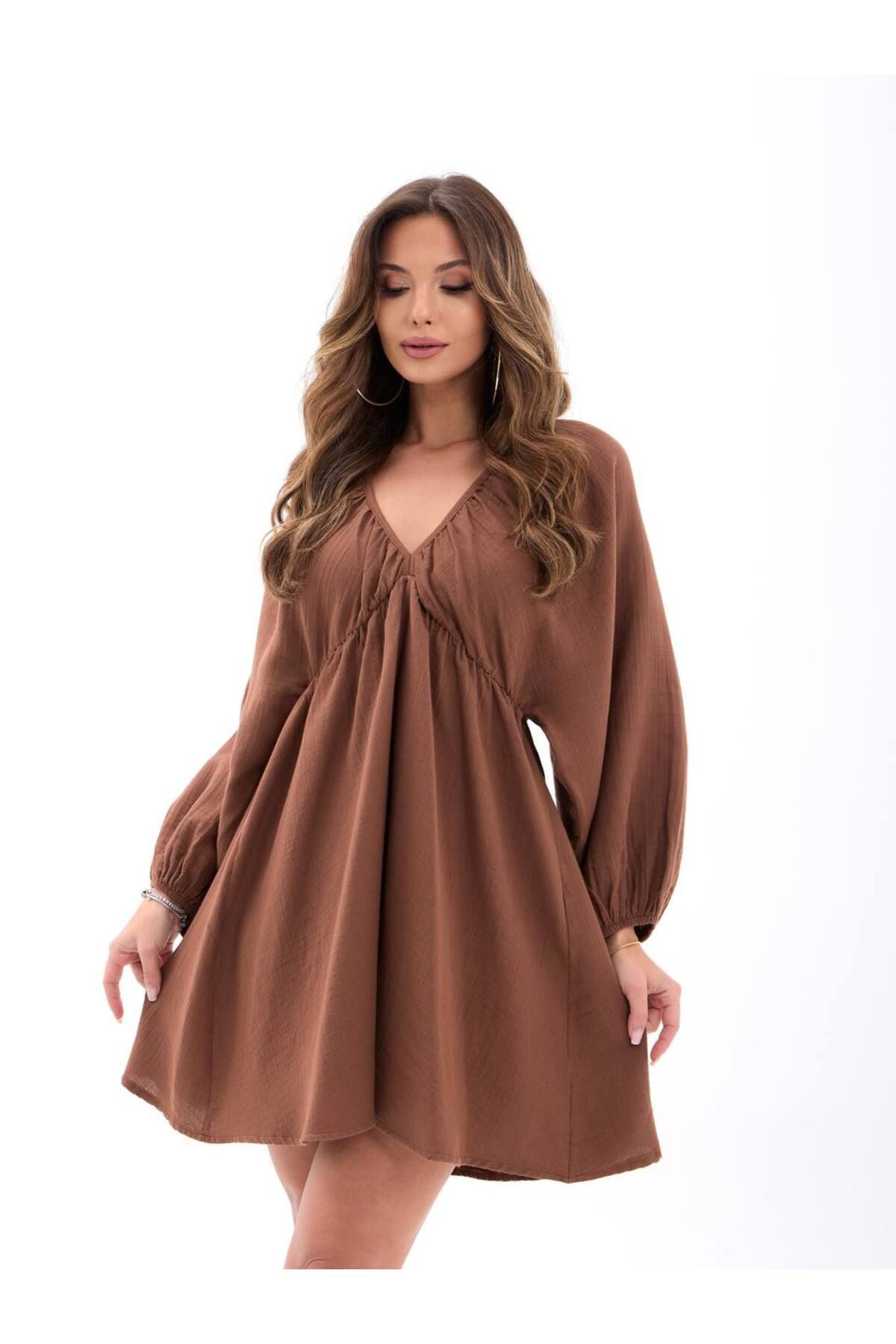 Castivo Fashion Maya Bağlamalı V Yaka Dökümlü Mini Elbise