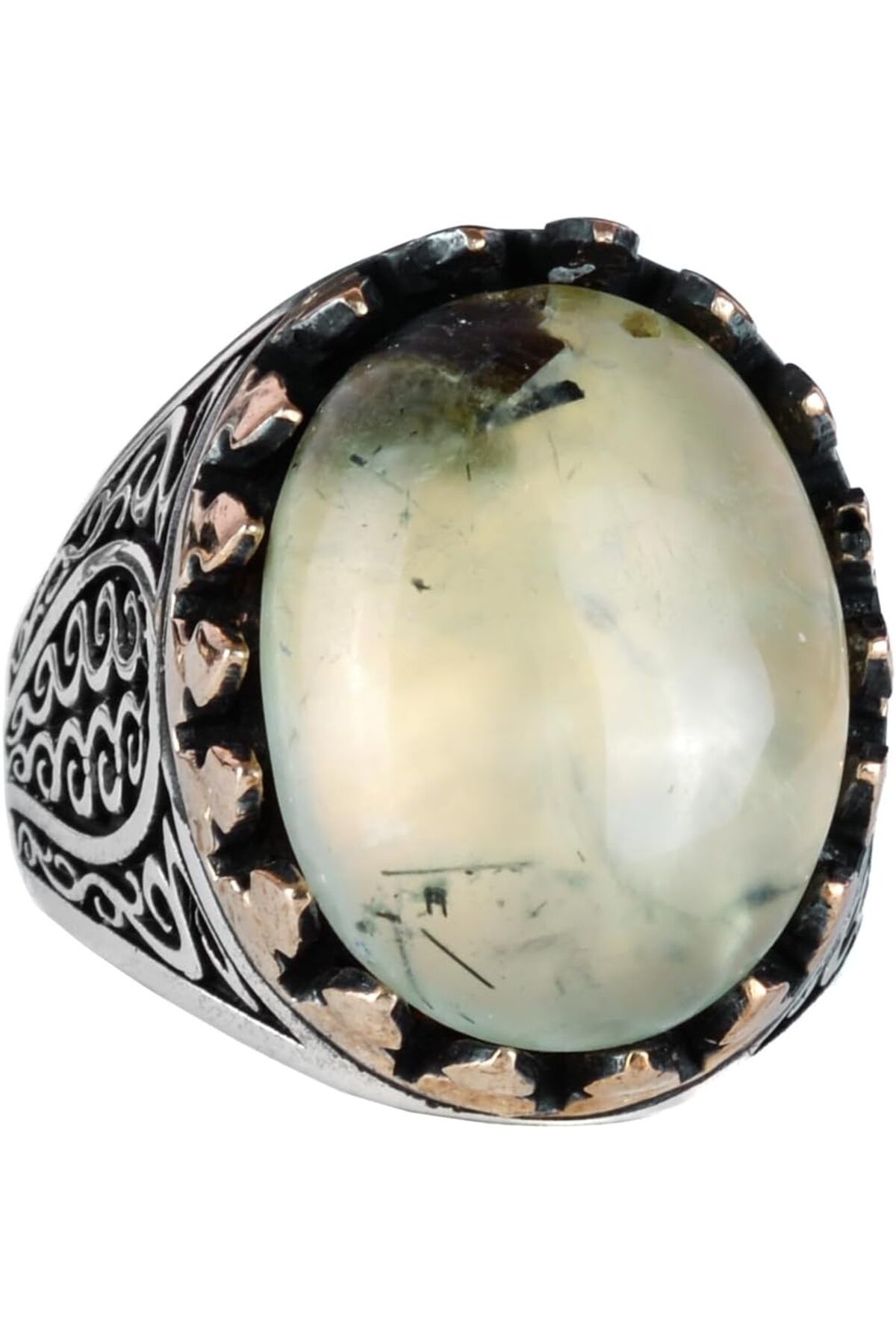 KAMBO 925 Ayar Katı Gümüş Erkek Yüzük Doğal Taşlarla - El Yapımı Şıklık (Prehnite Jade Taşı)