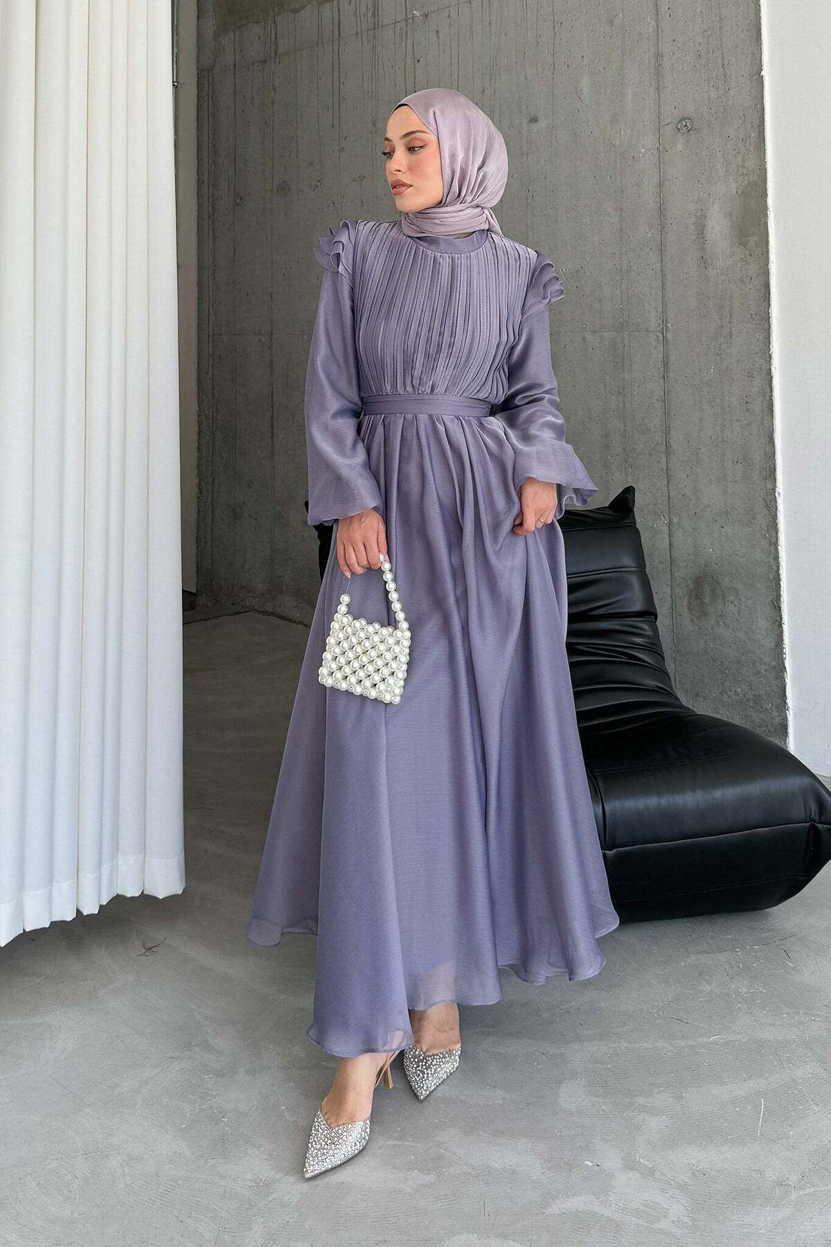 Rimel Moda Peri Pırlanta Abiye Elbise Lila