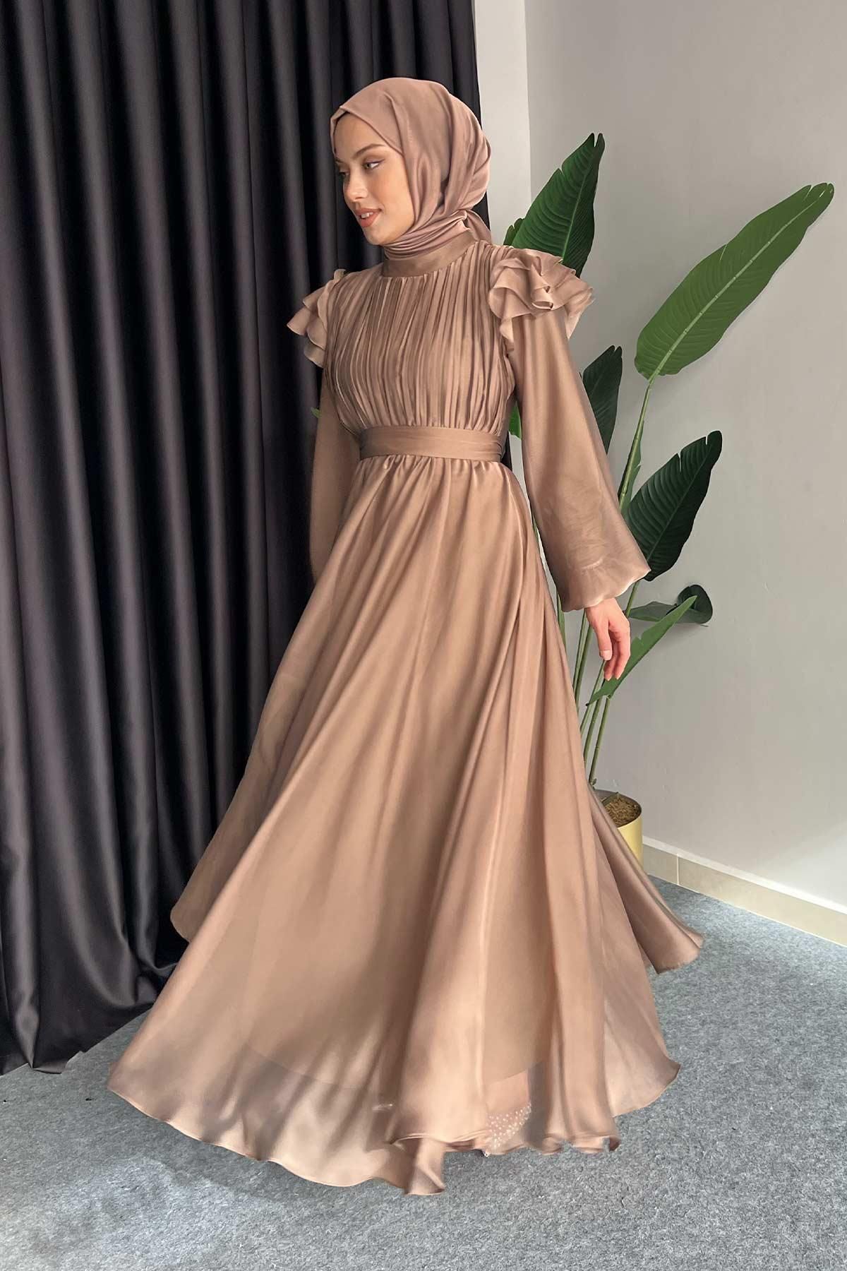 Rimel Moda Peri Pırlanta Abiye Elbise Taba